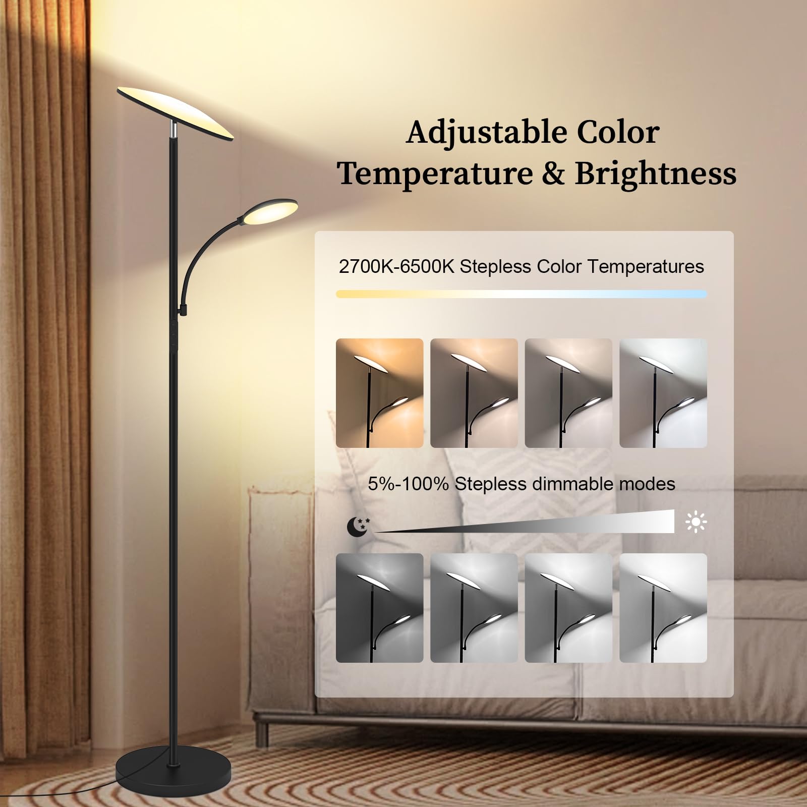 Floor Lamp, 2025 Upgraded 42W 4500Lm Super Bright Led Floor Lamp With Rotatable Reading Light, Touch Remote Control & Memory Fun