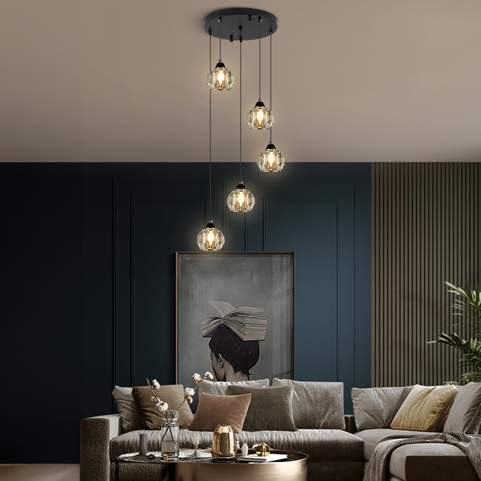 Weesalife 5-Light Black Crystal Chandelier Pendant Light Fixture for Dining Room, Living Room, Kitchen, Foyer, Model A8818