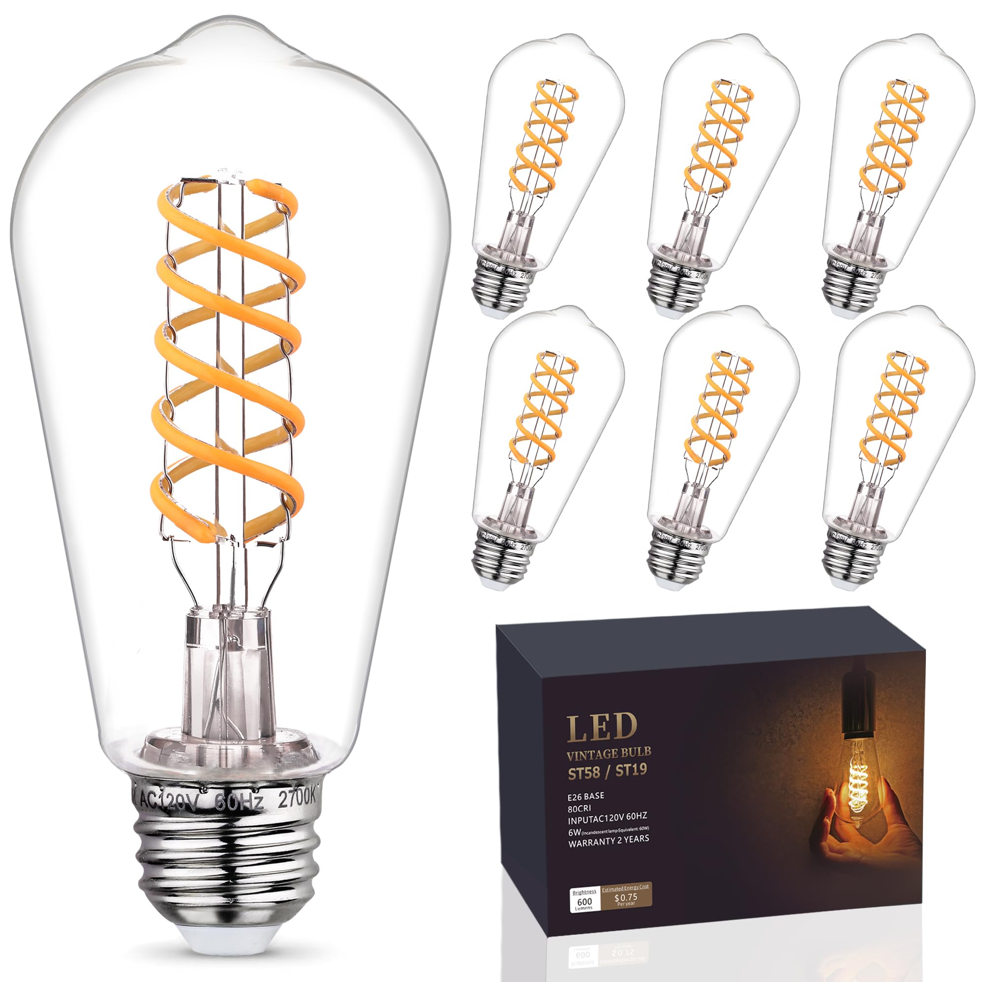 Emymlite 6 - Pack Edison Light Bulbs 60W Equivalent, Dimmable Vintage Led Light Bulbs, E26 Medium Base, St58, 6W, 600Lm, 2700K, 