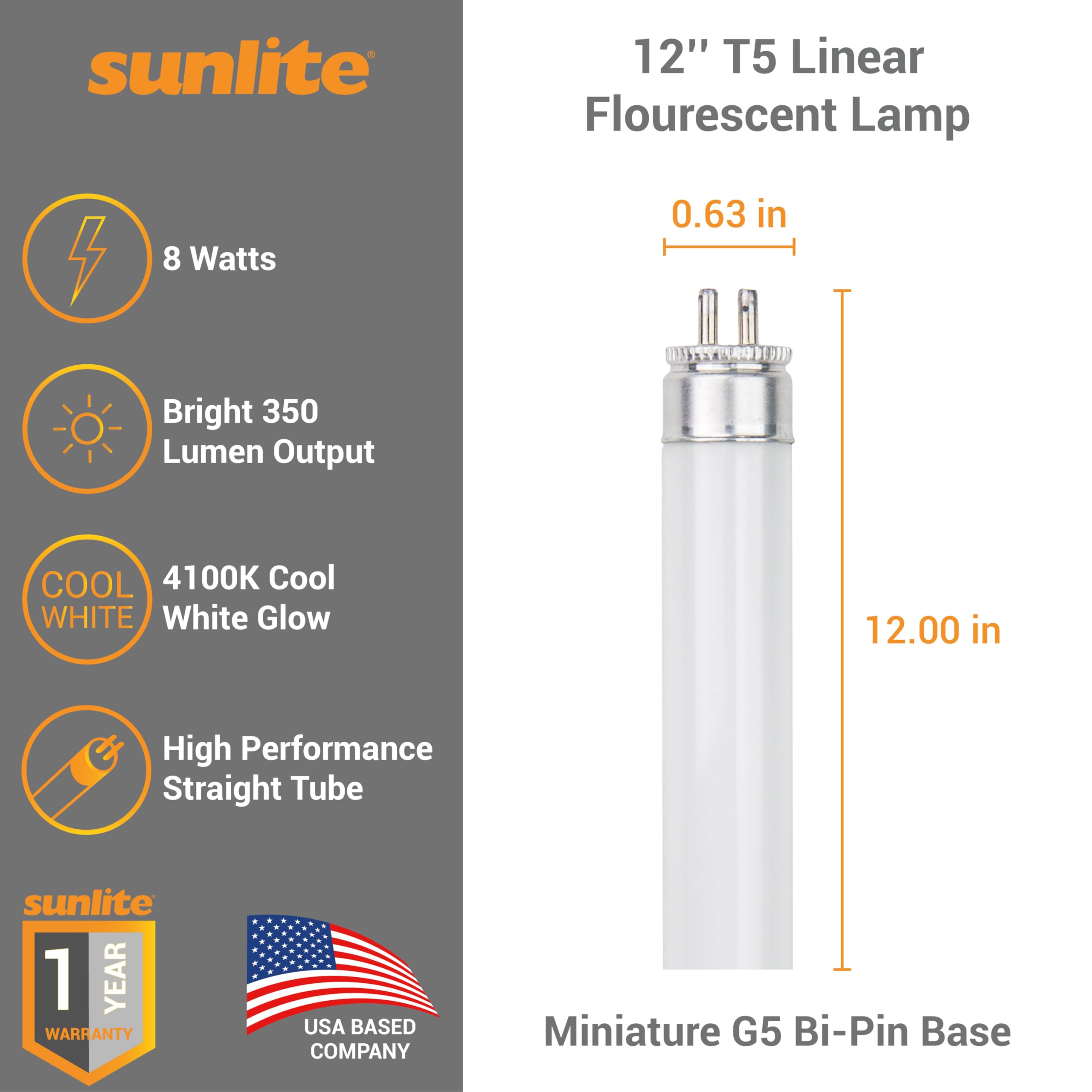 Sunlite T5 Linear Fluorescent Lamp, 12-Inch, 8W, 350 Lumens, 4100K Cool White, Mini G5 Bi-Pin Base, 10