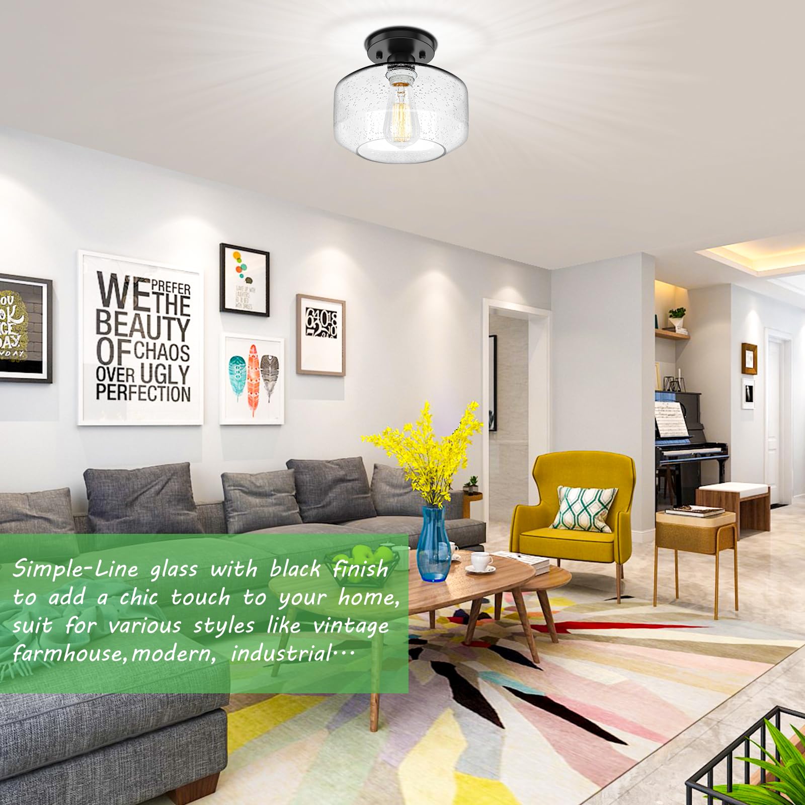 Tobusa 2-Pack Industrial Semi Flush Mount Ceiling Light, Black Light Fixture Ceiling Mount With Seeded Glass Shade, Farmhouse Ha