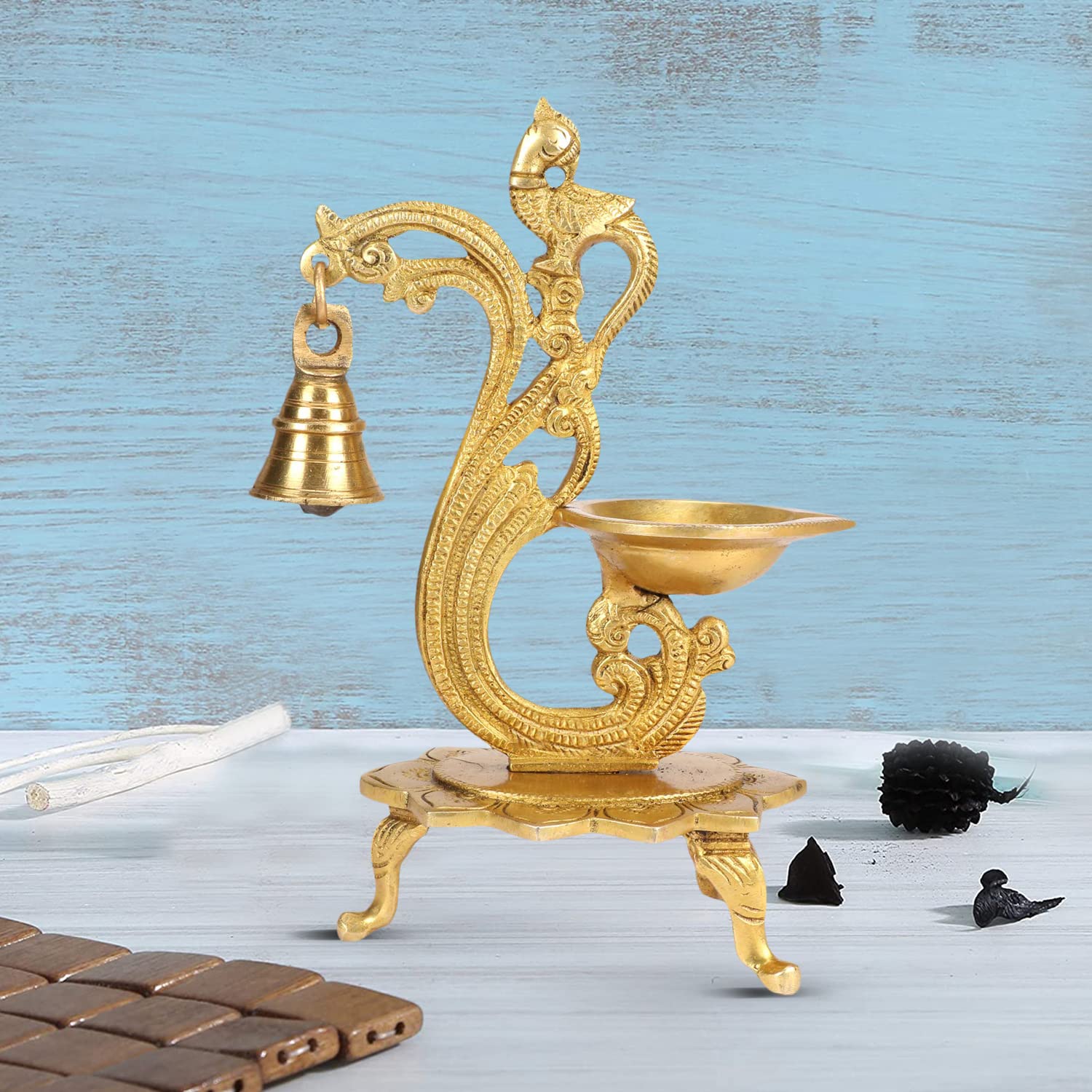 Kartique Brass Peacock-Theme Bell Diya (Gold_3 Inch X 5 Inch X 8 Inch)