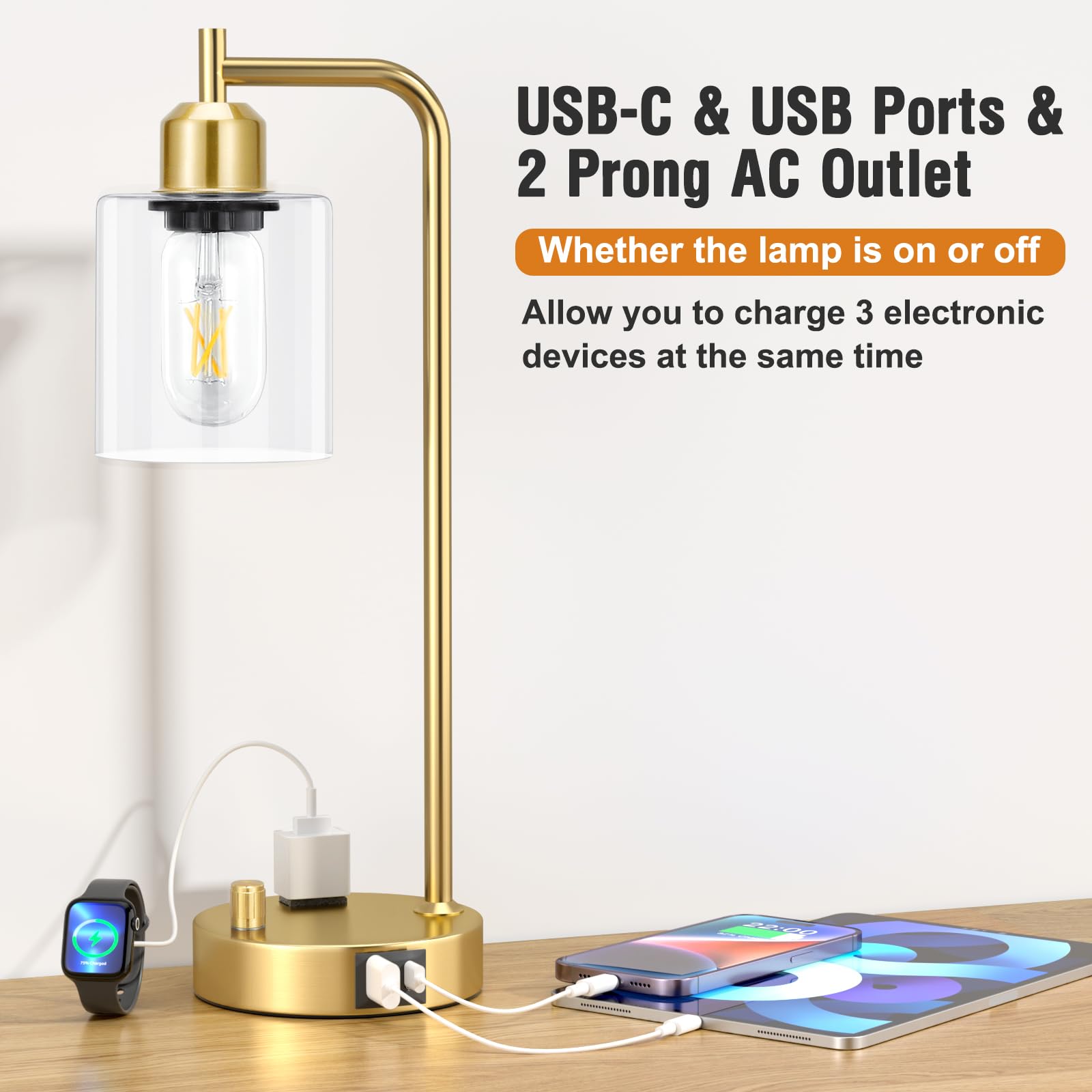 Industrial Table Lamps For Bedroom Set Of 2 - Fully Dimmable Bedside Lamps With Usb Ports And Outlet, Gold Nightstand Lamps With