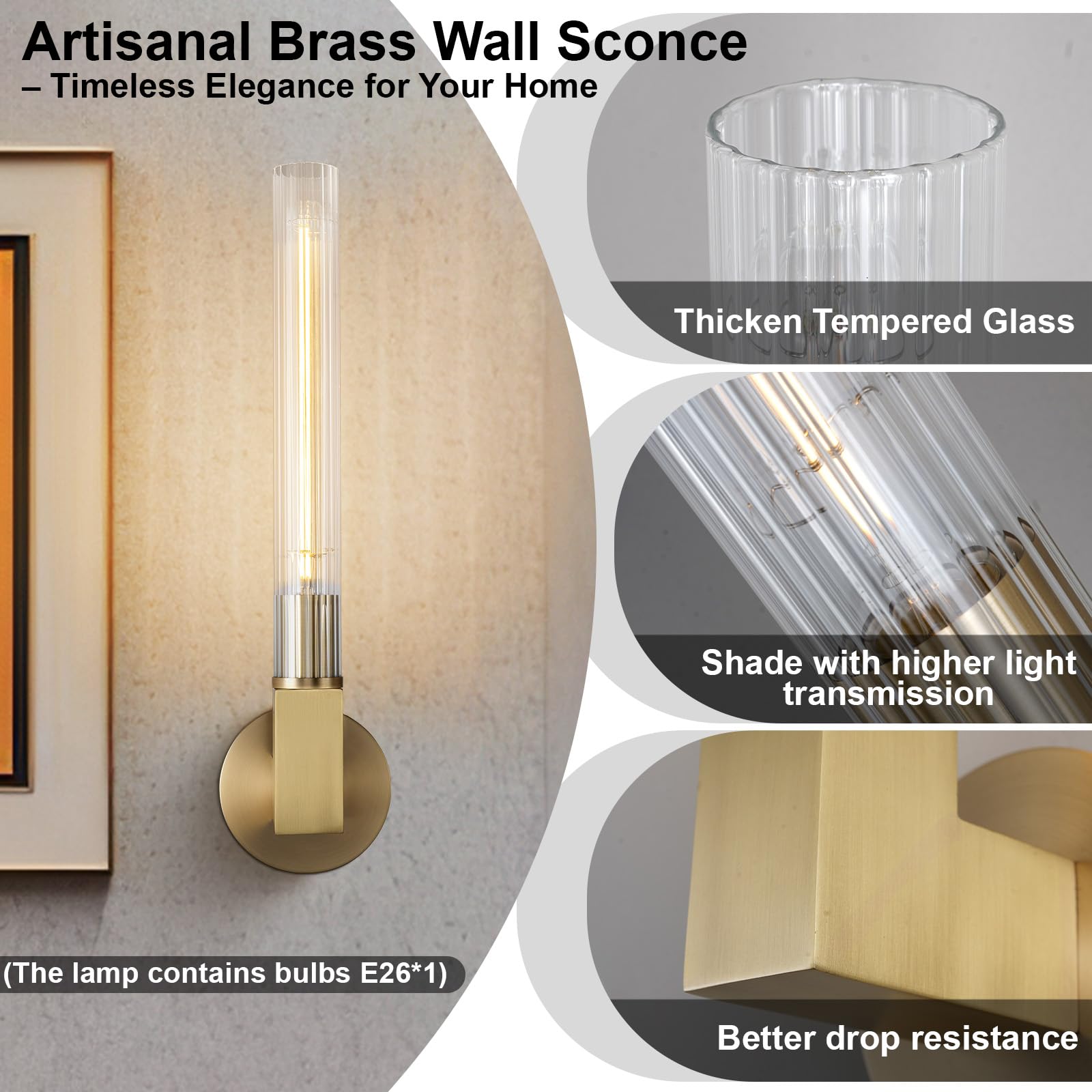 Yuexpand Gold Wall Sconces Set Of 2, Modern Bathroom Vanity Lights With Tube Glass Shades - Industrial Vintage Wall Lighting For