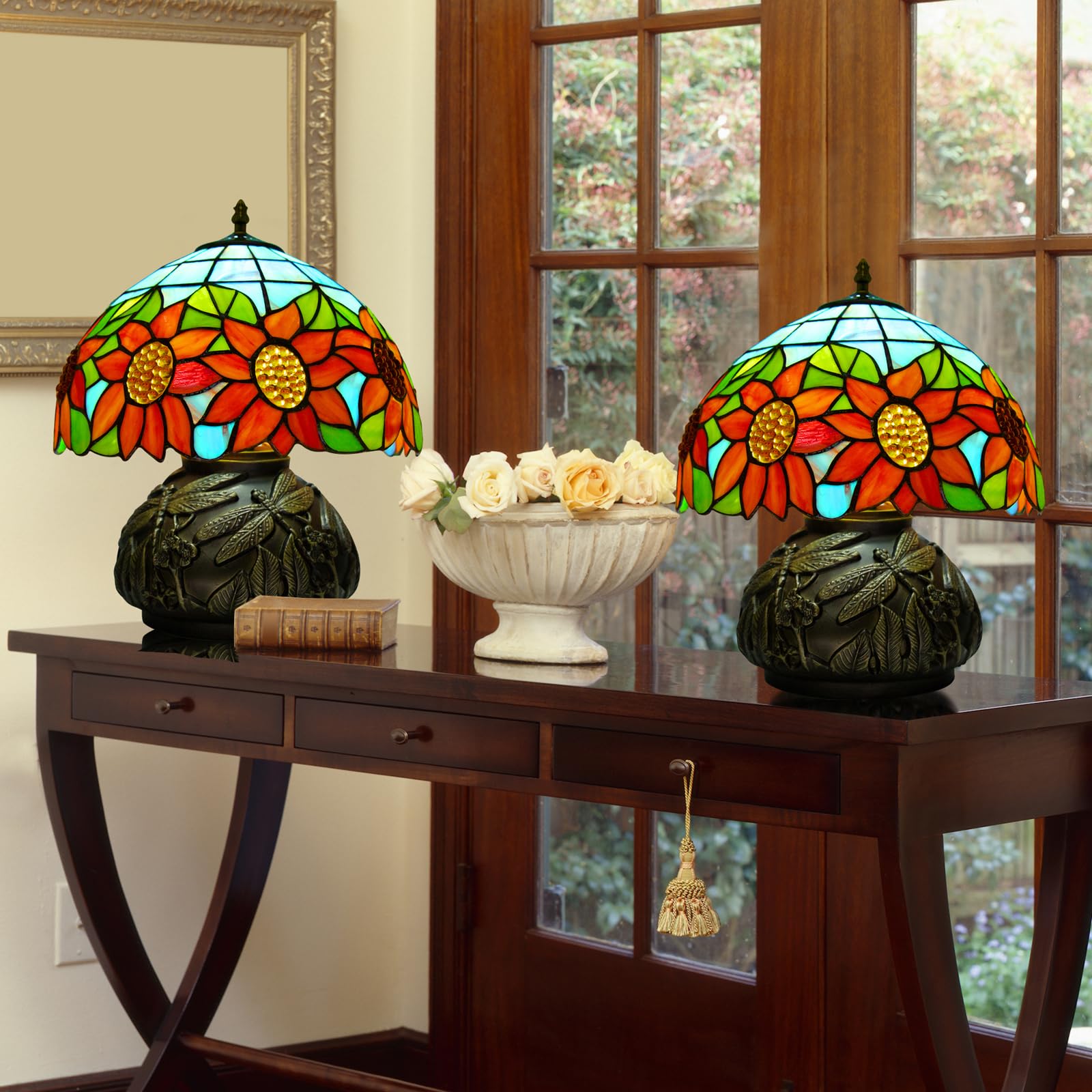 Ppbmocw Tiffany Style Table Lamp, Sunflower Stained Glass Lamp, 12 Inch Small Antique Bedside Lamp, For Bedroom Living Room Home