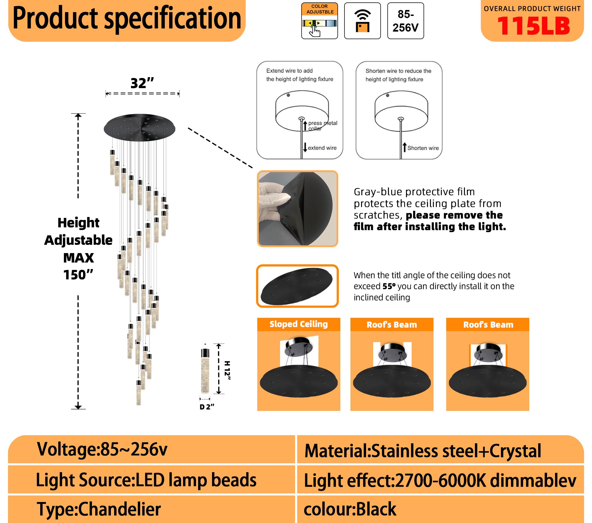 IDEQUY Large Crystal Chandelier 32-Light Black Spiral Fixture for High Ceilings, Model CF8029-32H