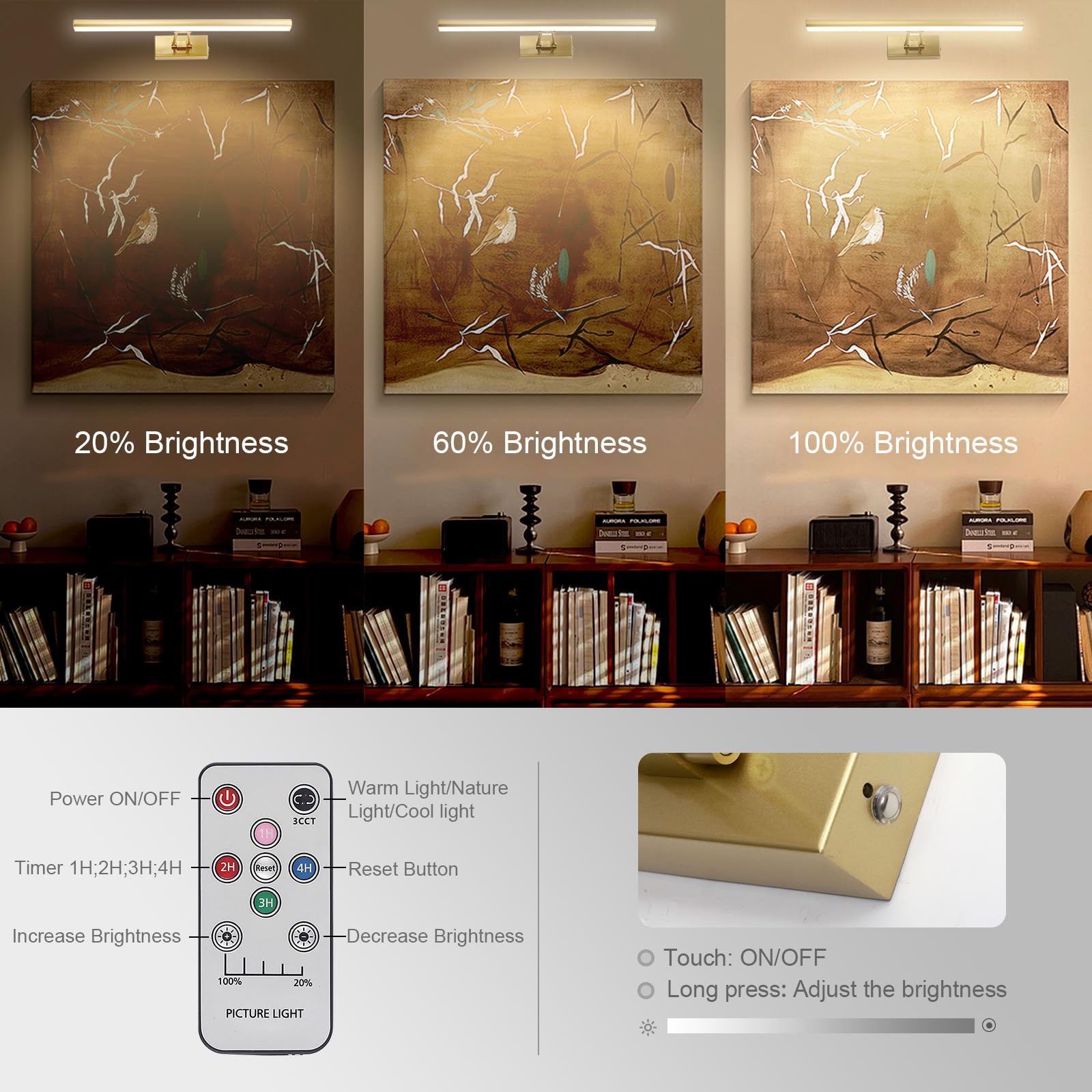Howmzon Picture Light, 17.5 Inches Art Light, Picture Light Battery Operated,3Cct Picture Lights For Wall,Battery Operated Wall Lights,Gallery Light With Remote For Wall Display, Photo,Library Gold
