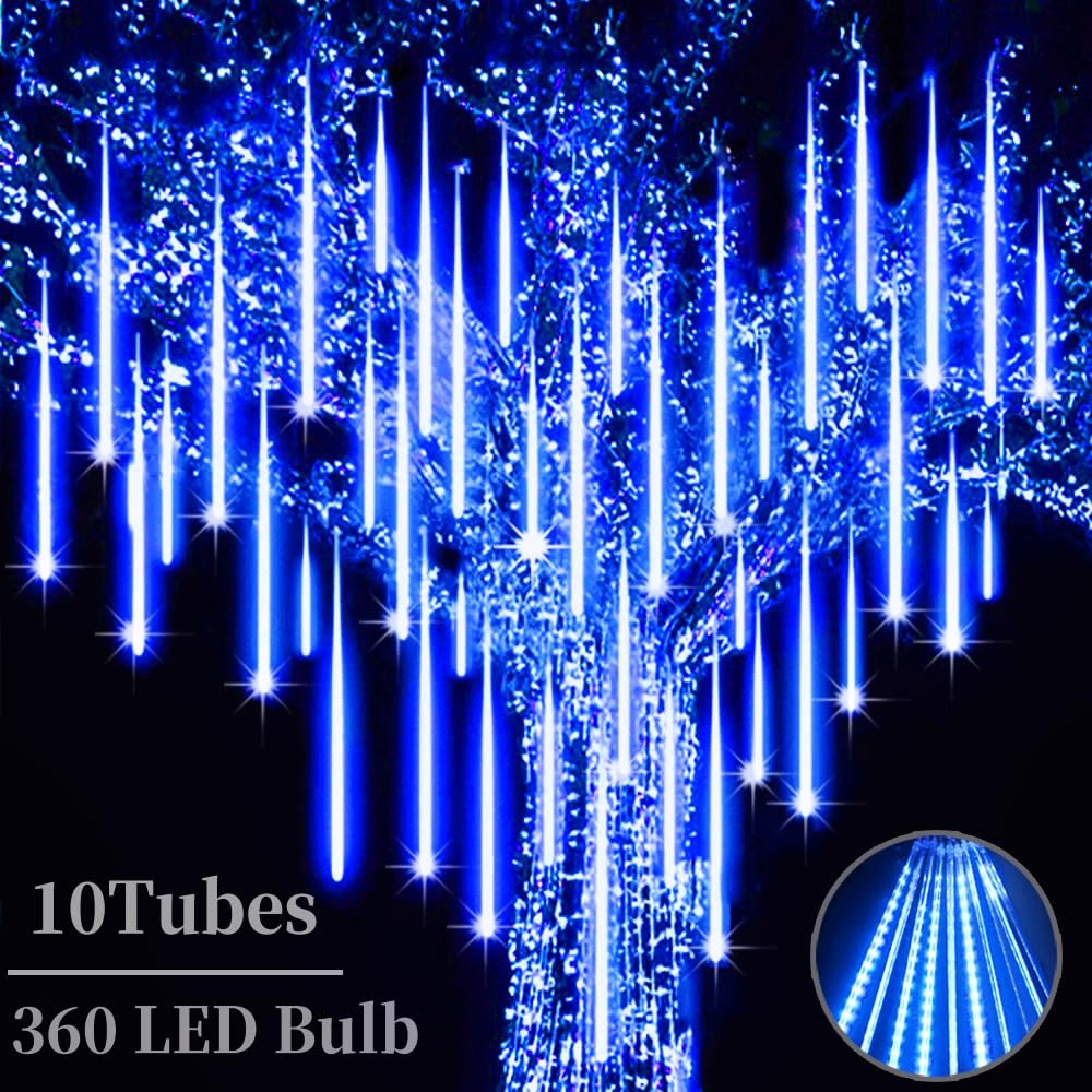 Roytong Christmas Lights Outdoor, Meteor Shower Lights 12 Inch 10 Tube 360 LED High Brightness Falling Rain Lights Icicle Cascad
