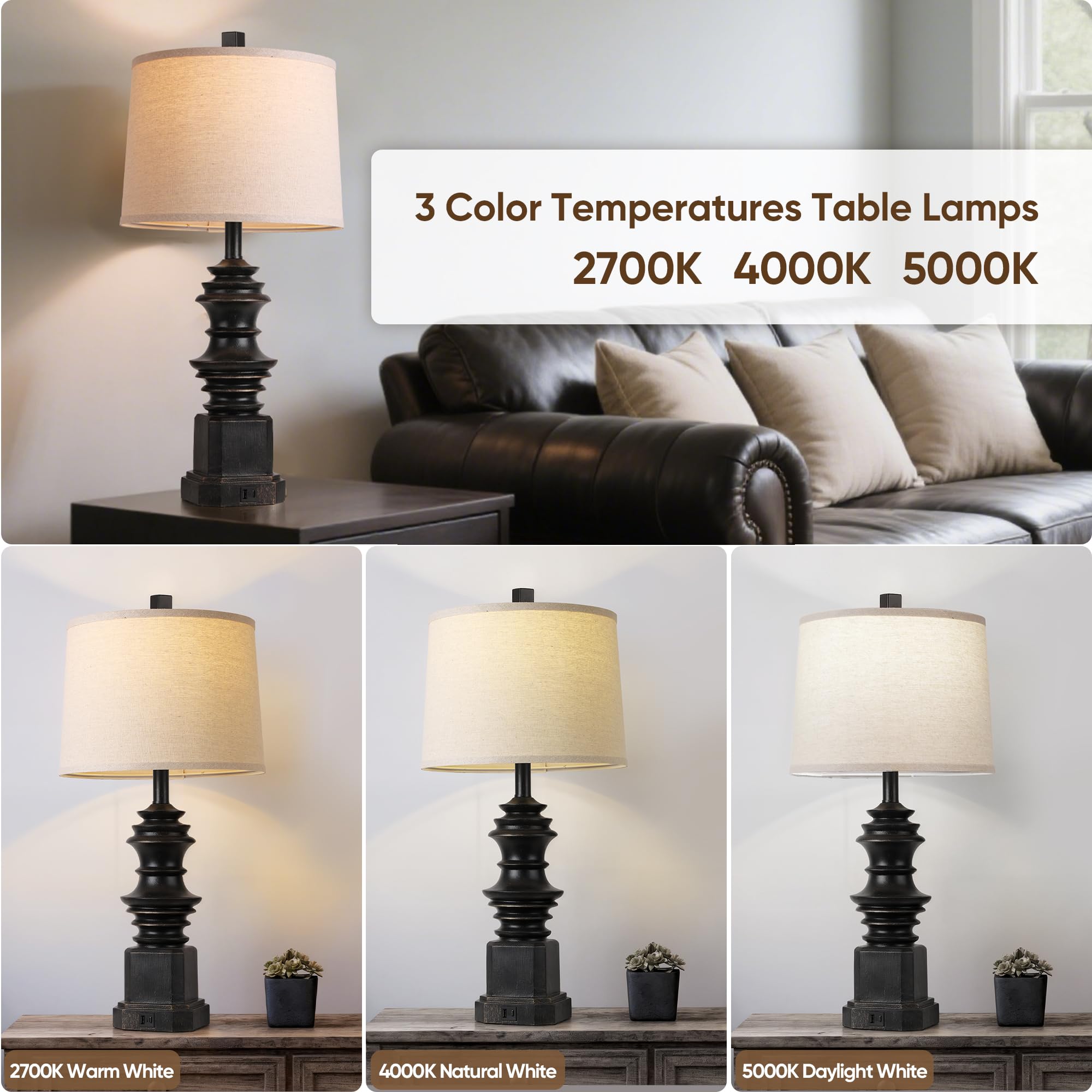 Qimh Table Lamps For Nightstand Set Of 2, Bedside Lamp With Usb A+C Charging Ports, Farmhouse Table Lamps With White Fabric Lamp