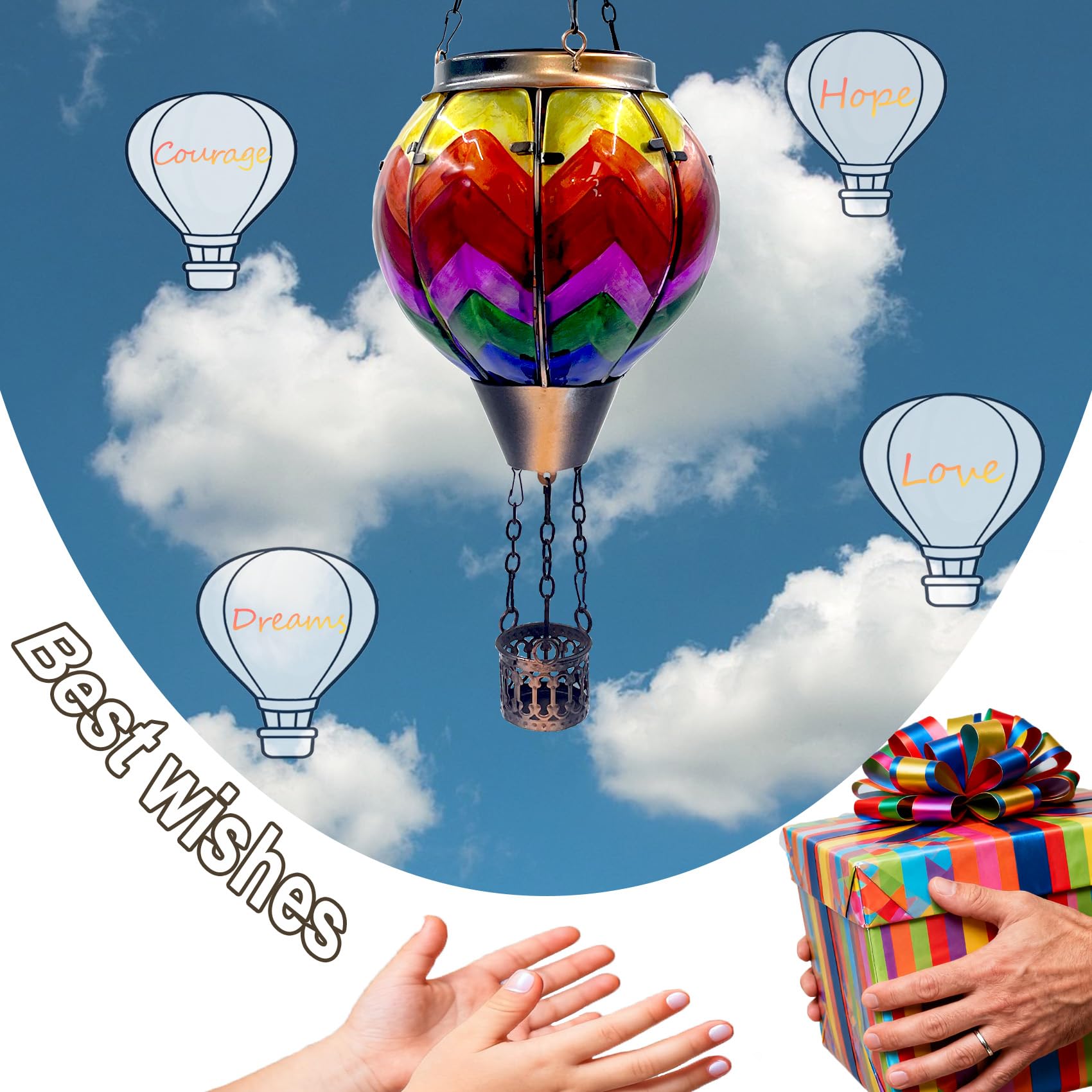 Twirleternity 2Pcs Hot Air Balloon Solar Lantern (Metal Shepherds Hook) (Flickering Flame) (Efficient Solar Panel Power) Hanging Lanterns Outdoor Waterproof Thanksgiving Gifts Colorful Wave