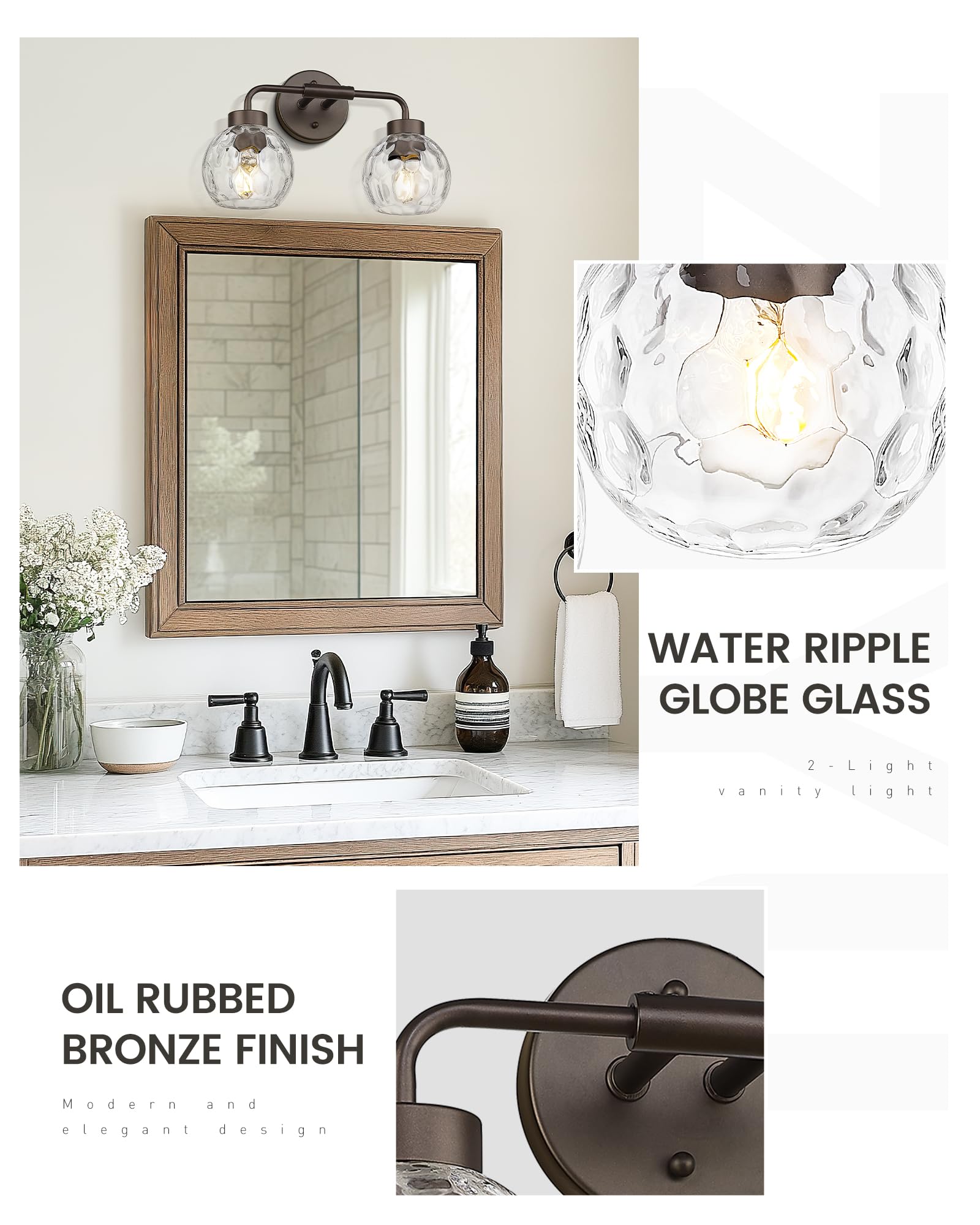 Zeyu 2-Light Bathroom Vanity Light  Farmhouse Wall Sconce Lighting With Water Ripple Globe Glass  Oil Rubbed Bronze Finish  Zs62Bg-2W Orb-Wg
