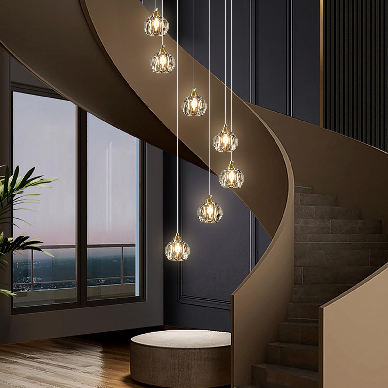 Weesalife 7-Light Crystal Chandelier, Brass Modern Pendant Light Fixture for High Ceilings, Model A8817