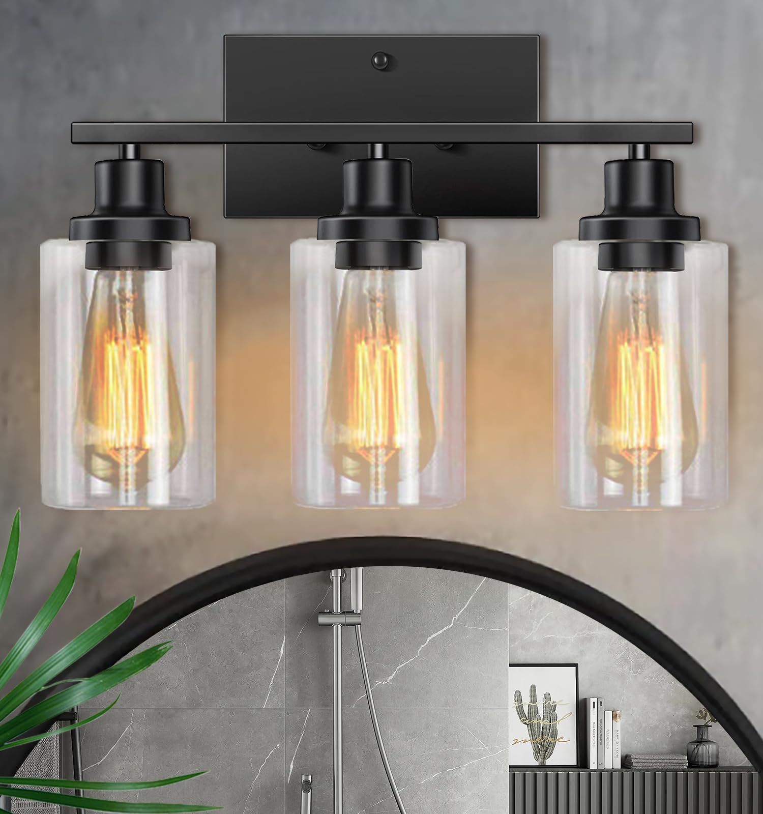 Maichixin 3-Light Vanity Lights, Matte Black Metal Wall Lamp with Clear Glass Shade, Modern Design for Bathroom, Living Room, Hallway