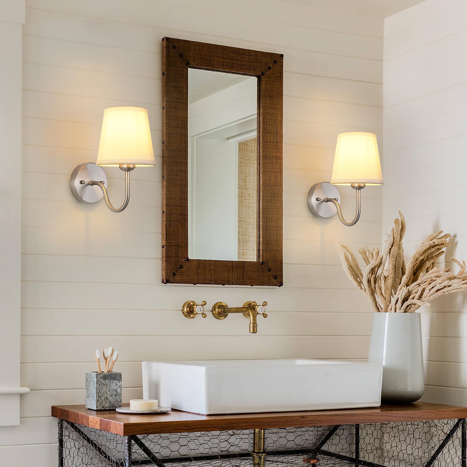 Smeike Wall Sconce Set Of 2  Brushed Nickel Bathroom Vanity Sconces Wall Lighting  Indoor Wall Lights With Light Beige Fabric Shades  Wall Mounted Lamps For Bedroom Living Room Hallway
