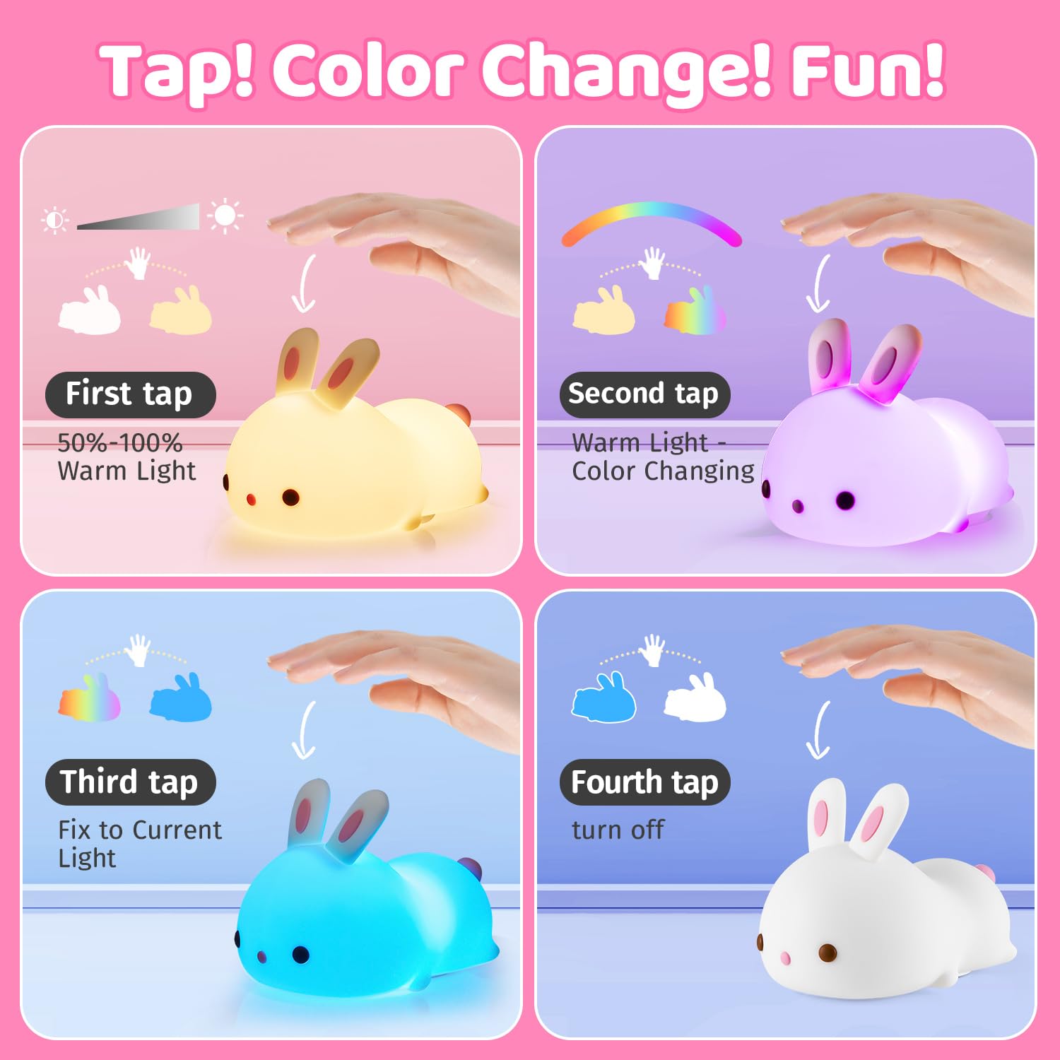 One Fire Bunny Night Light For Kids 16 Colors+ Silicone Soft Toddler Night Light  Dimmable+Rechargeable Nightlight For Kids Room  Easy Tap Control Bunny Lamp  Rabbit Lamp  Cute Stuff  Gifts For Girls