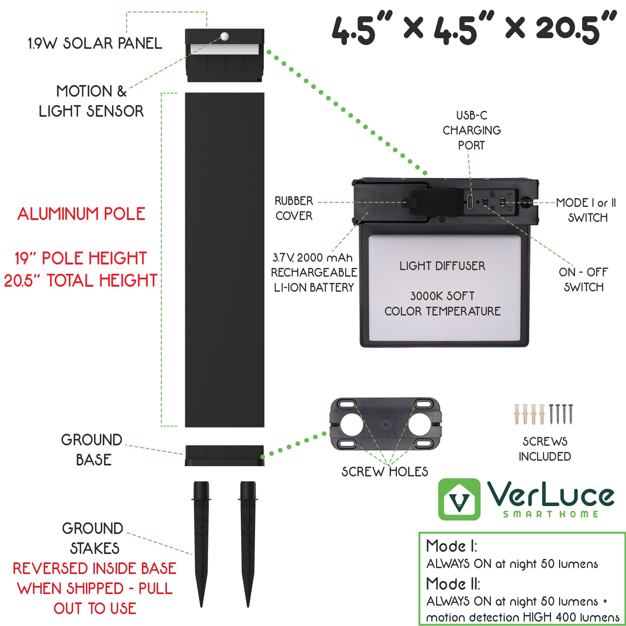 VerLuce Solar Pathway Lights - PIR Sensor, 3000K, IP44, 4 Pack, Black, 20.5" - Rechargeable Battery Lasts Up to 55 Hours