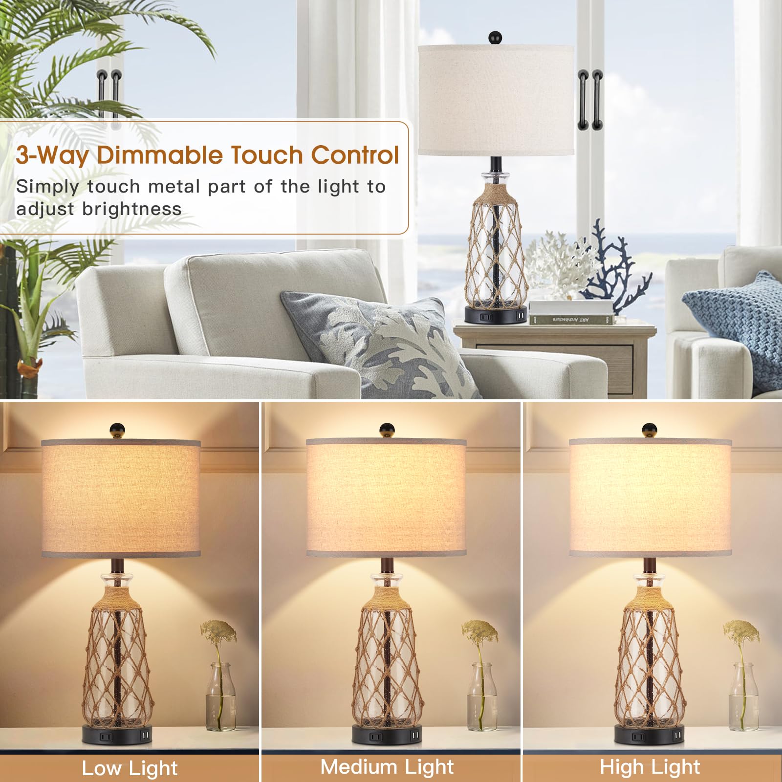 Ruzectt 25.5" Coastal Glass Table Lamps Set Of 2, 3-Way Dimmable Touch Control Bedside Lamps With 2 Usb Ports And Ac Outlet, Clear Nautical Nightstand Lamp For Bedroom Living Room (Led Bulbs Included)
