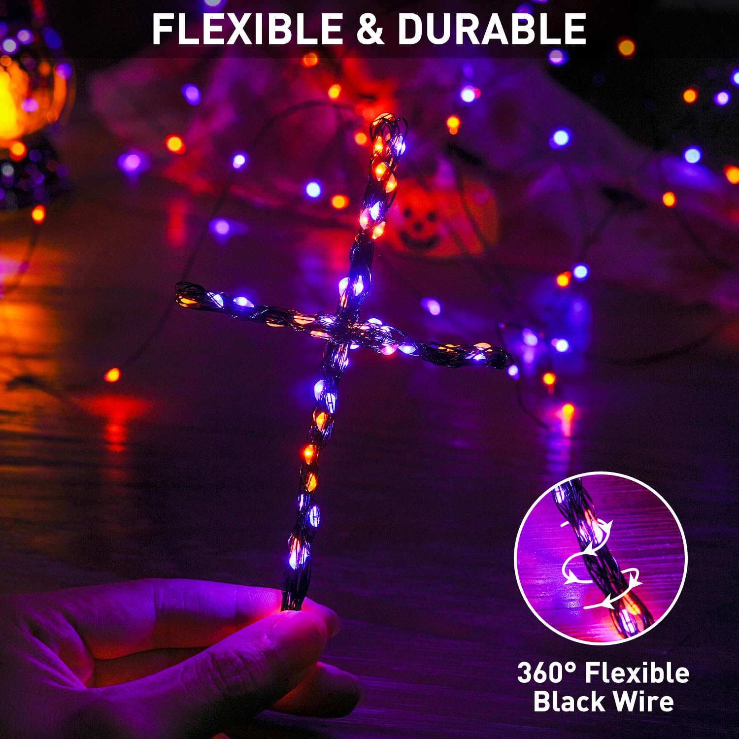 JMEXSUSS 4 Pack 50 LED Fairy Lights - Battery Operated, Copper, Orange & Purple for Halloween Decorations