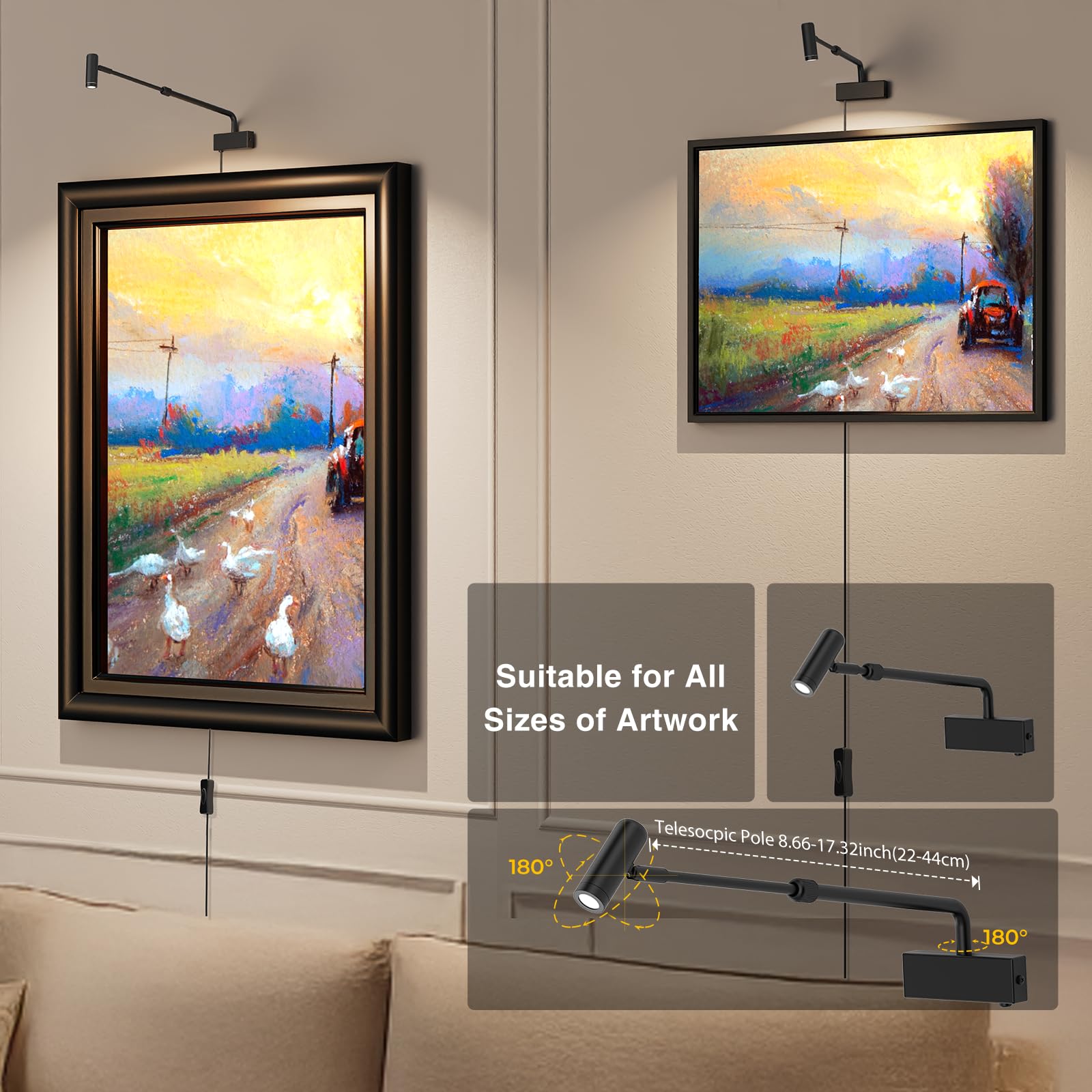 Hudyogy Picture Light for Wall with Retractable Arm, Rotatable Indoor Spotlight Plug in, Dimmable LED Picture Frame Light with R