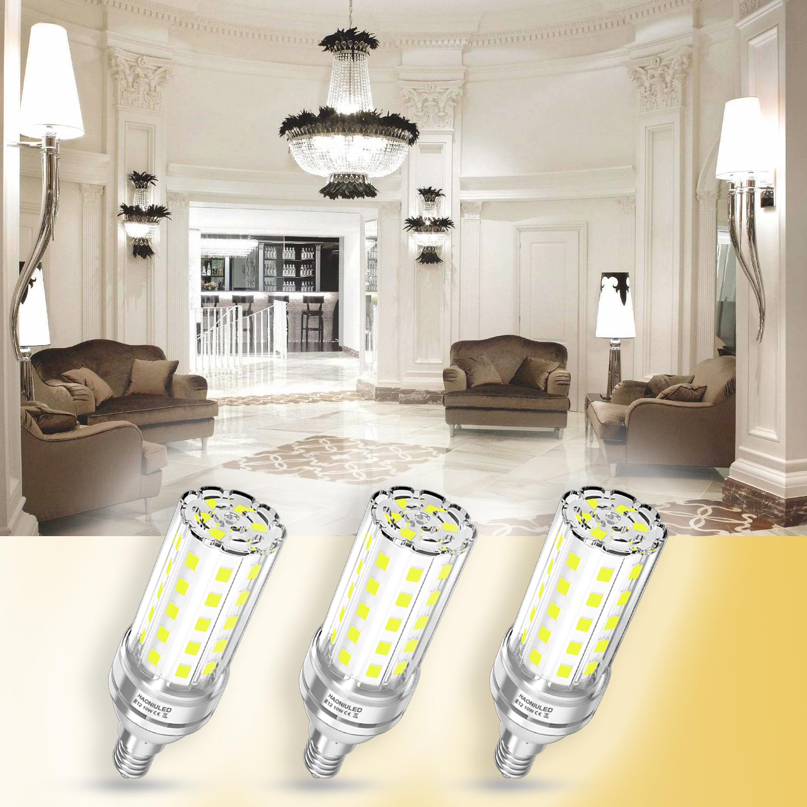 Haoniuled E12 Led Bulb, 10W Led Corn Light Bulbs,100-Watt Light Bulbs Equivalent, 6500K Cool Daylight White Chandelier Bulbs, 11