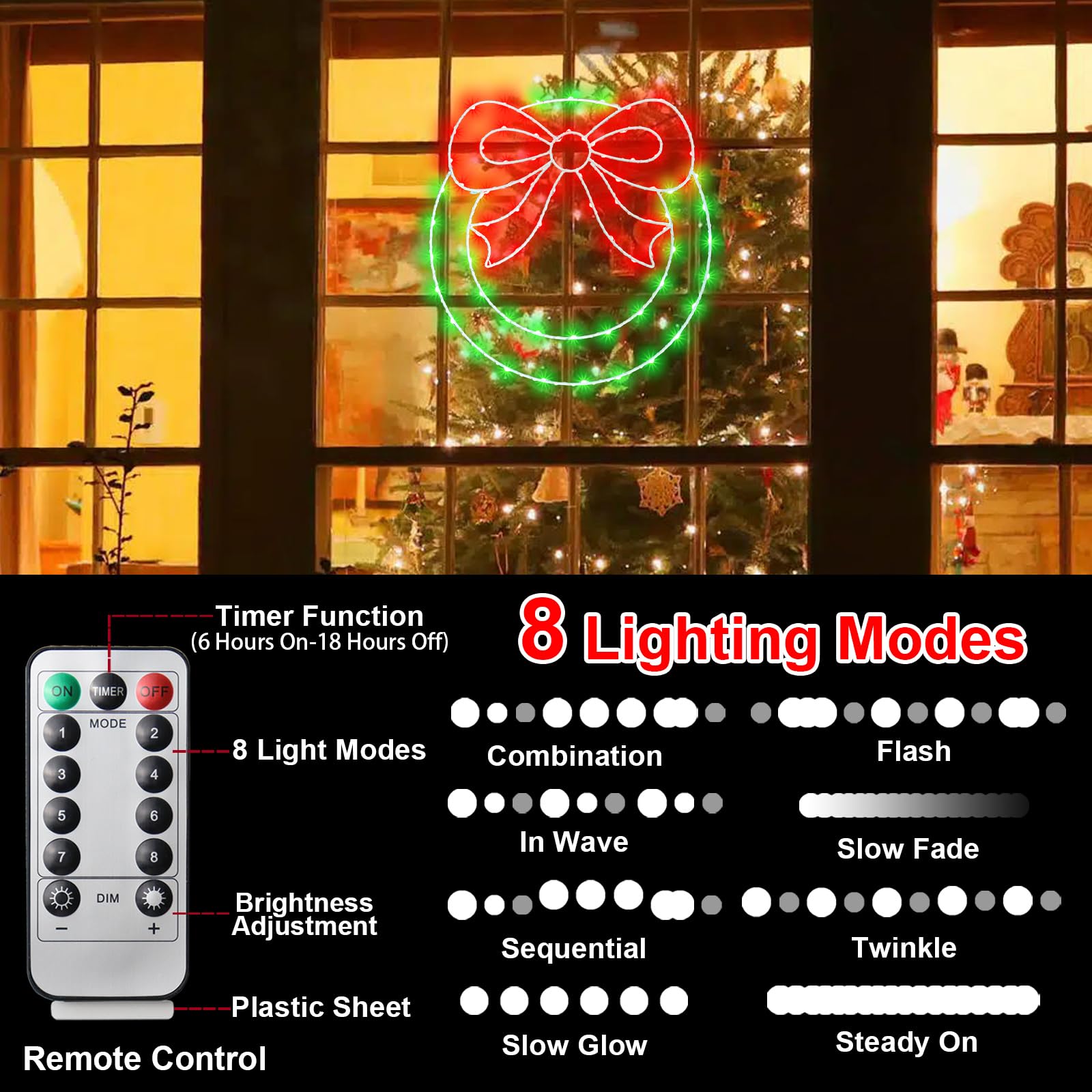 Zimati Christmas Wreath Window Lights Decorations, 2 Packs 14&quot; Christmas Window Lights With Bow, Timer Remote Control Usb Powered Window Silhouette Lights For Door Home Winter Xmas Party