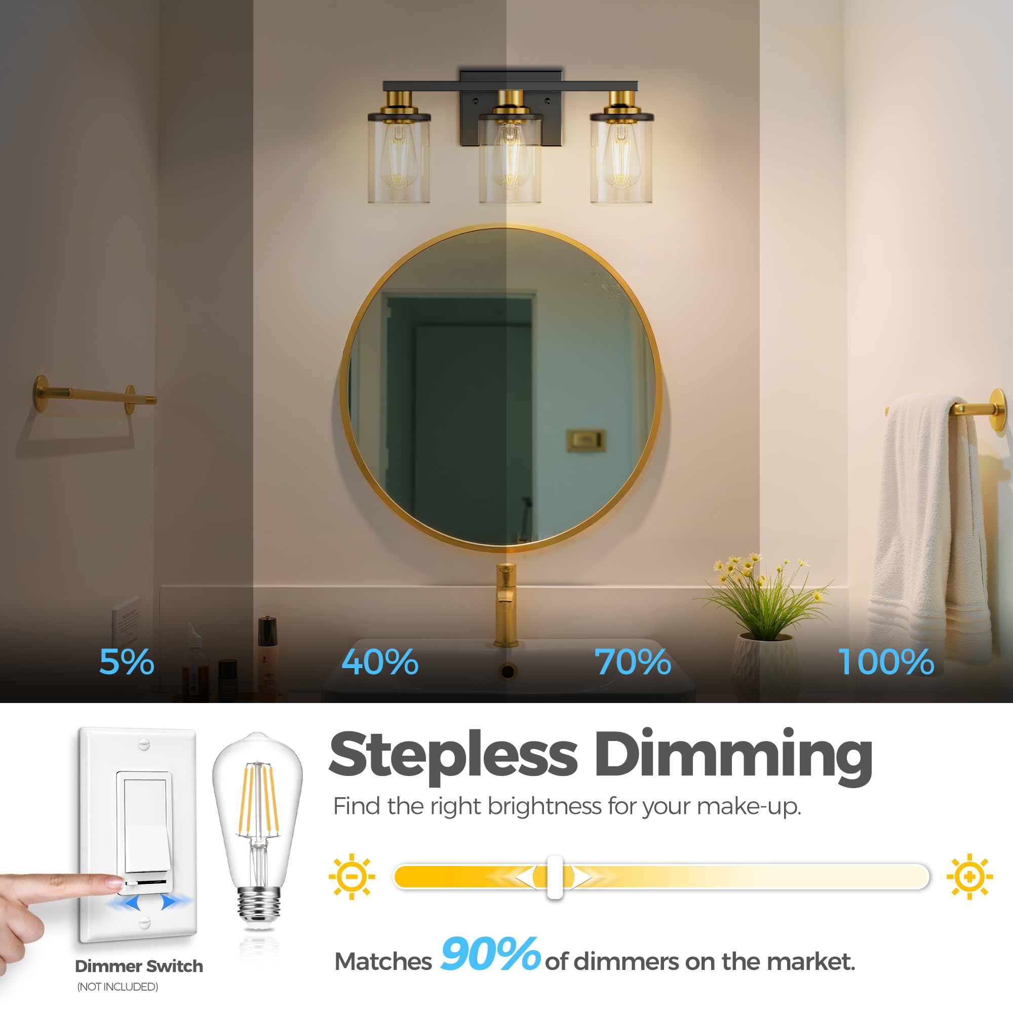 Doresshop 17 Inch Bathroom Light Fixtures  3-Light Black And Gold Bathroom Lighting Fixtures Over Mirror With Glass Shade  Modern Vanity Lights For Hallway Bedroom  Includes Bulbs