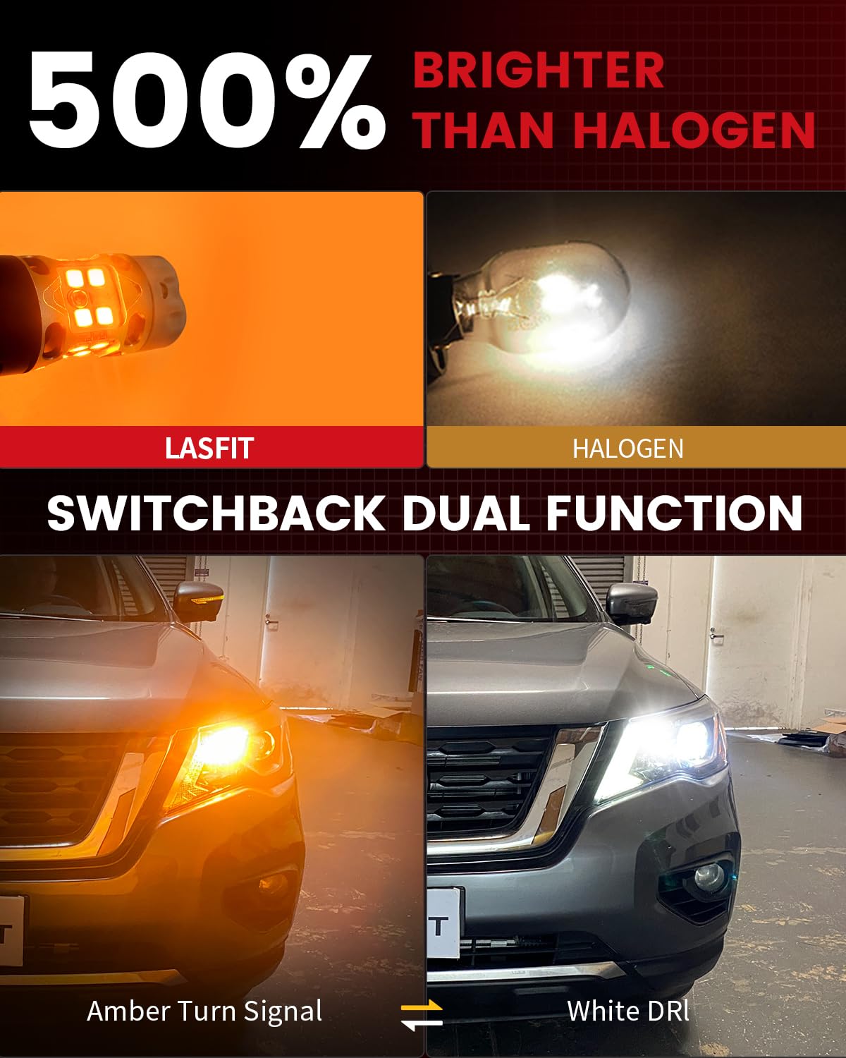 LASFIT 3157 LED Bulb Switchback, White & Amber, CANBUS, Anti Hyper Flash, Model TSR-3157D-Y/W, Pack of 2