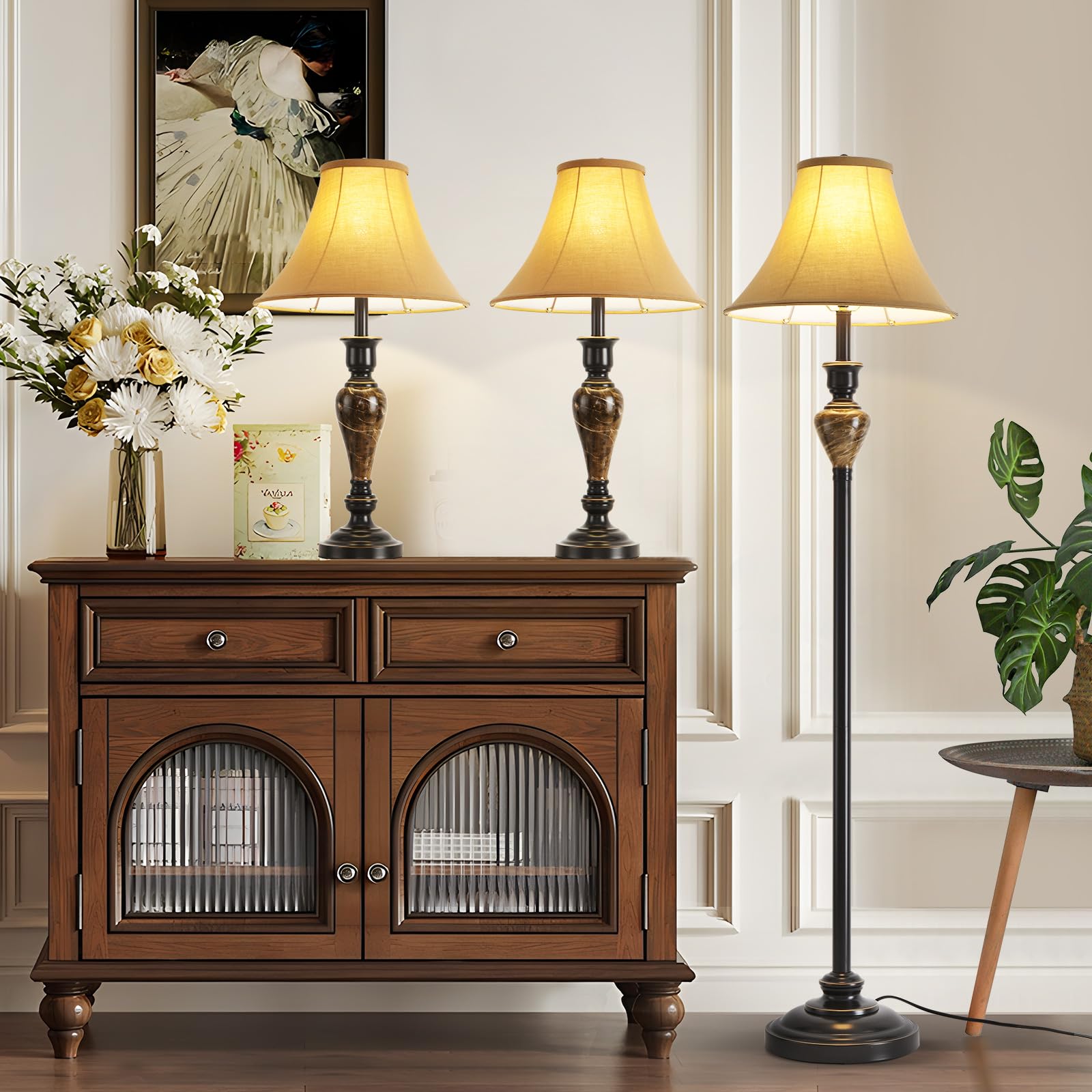Smeike 3 Piece Living Room Lamps  Vintage Table Lamp and Floor Lamp Set of 3  Stable Iron Base with Brown Fabric Shade for Bedroom Reading Room Office