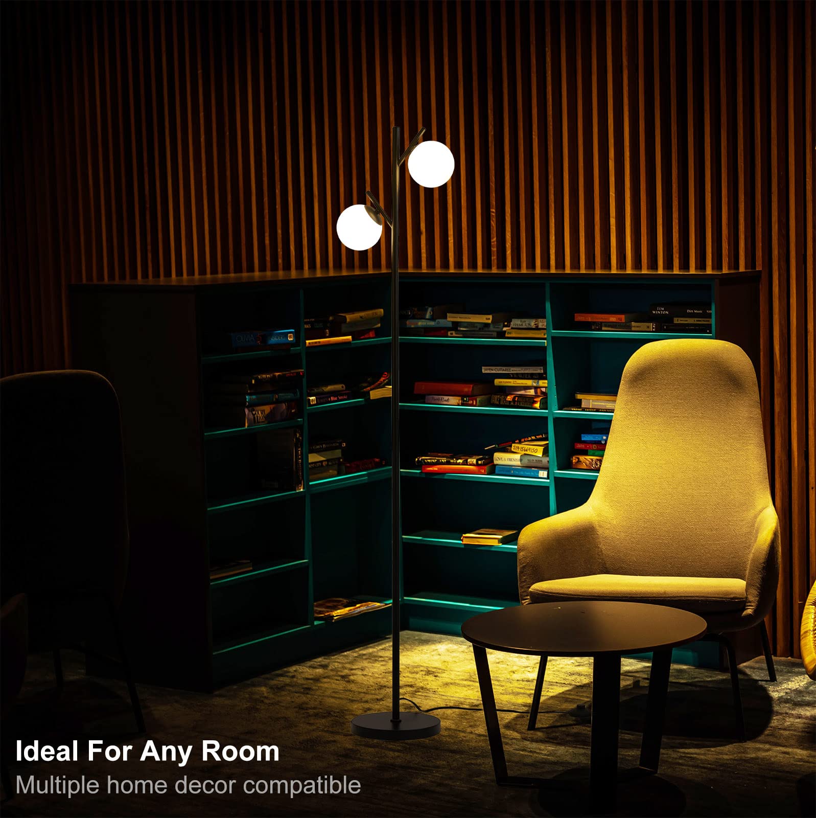 Fiqevs Black Mid Century Floor Lamp With 2 Led Bulbs & Frosted Glass Shades For Living Room