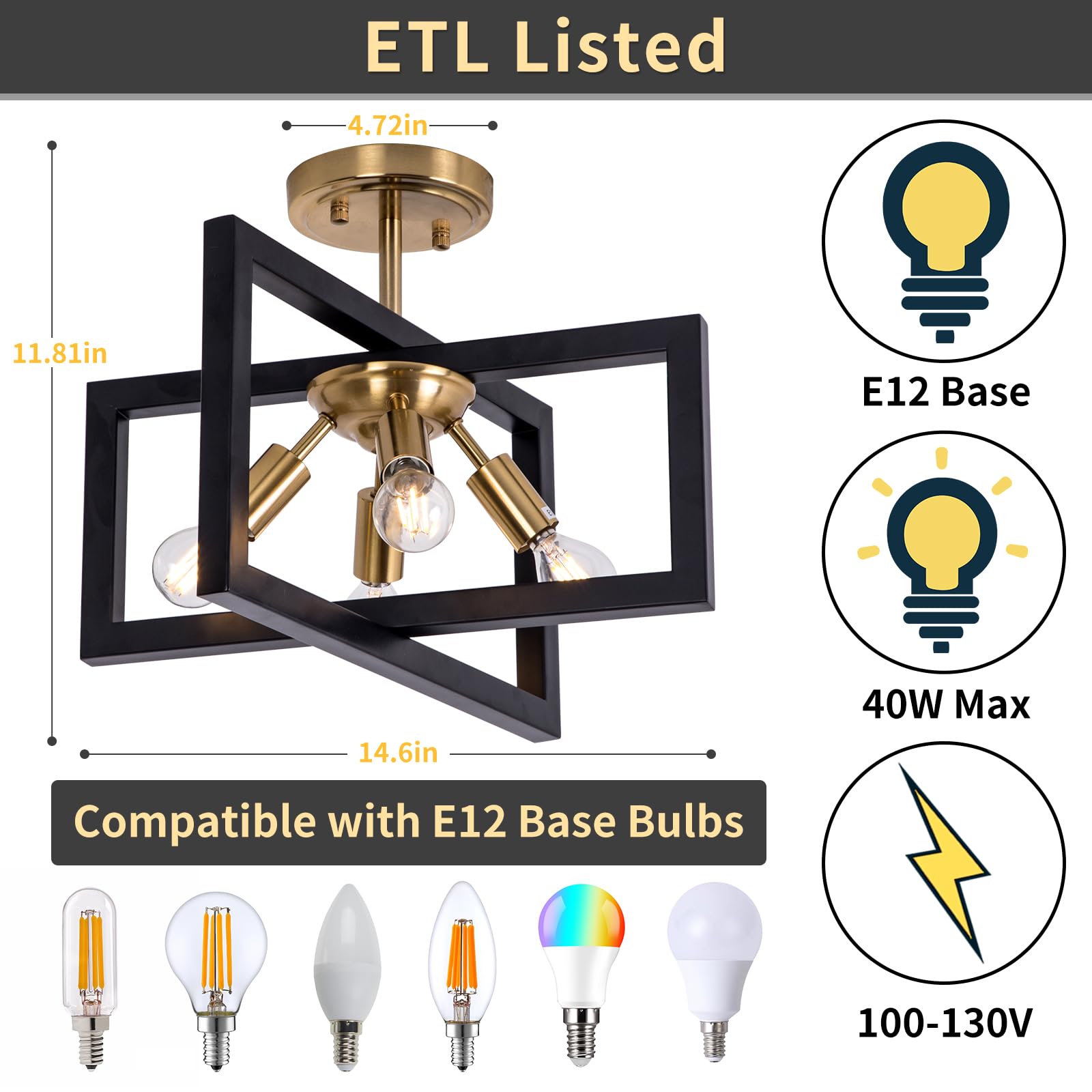 Minyuco Semi-Flush Mount Ceiling Light - Modern Industrial Light Fixture Black And Gold,4-Light Candelabra Lighting Ceiling Lamp For Kitchen Foyer Entryway Hallway Bedroom Closet