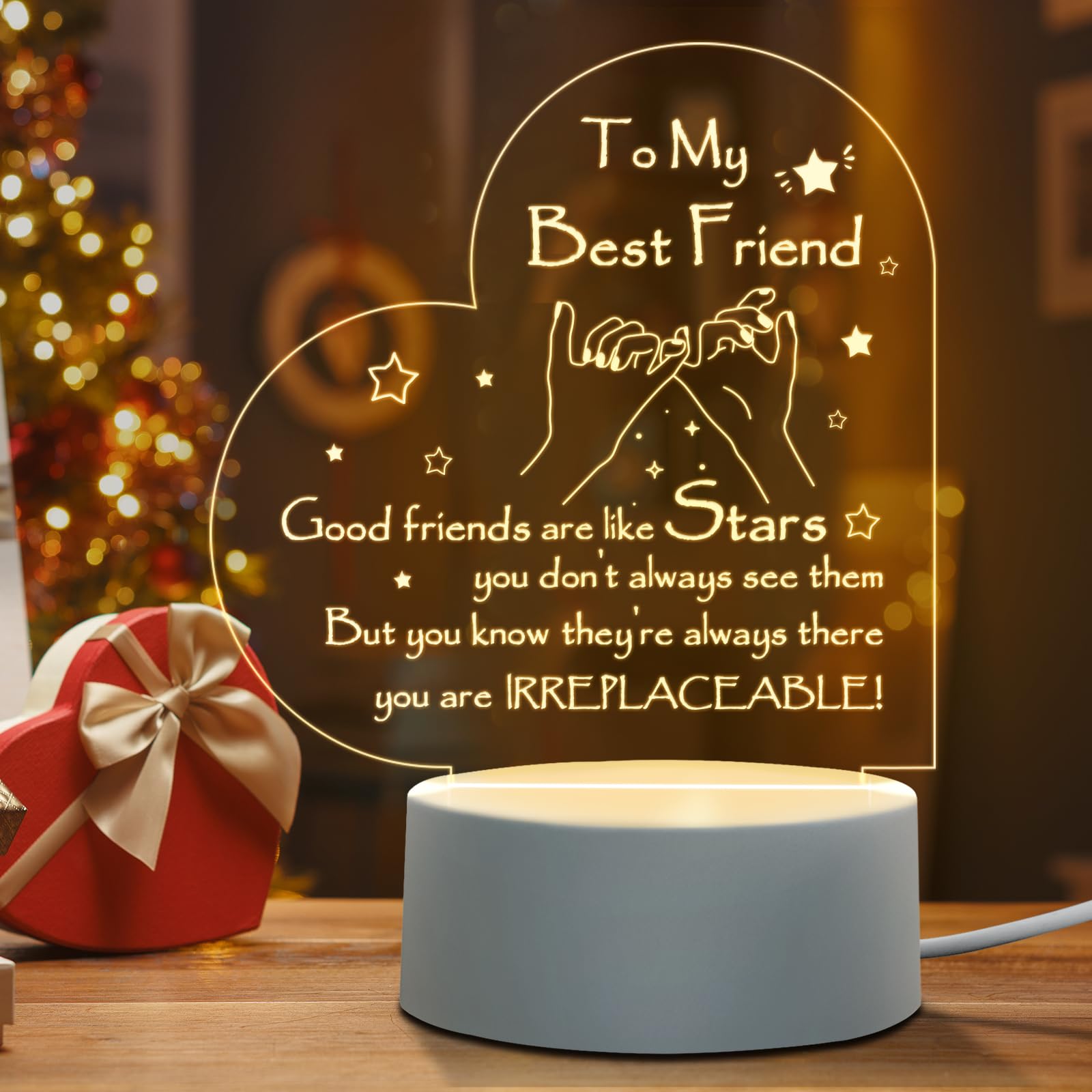 Afterprints Friendship Gifts For Women- Engraved Heart-Shaped Night Light, Best Friend Birthday Gifts, Valentines Gift For Friends, Bestie