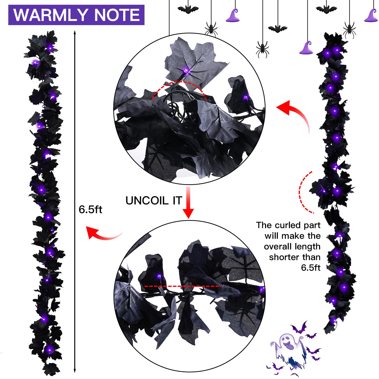 Suddus 20 Led Halloween String Lights Battery Operated With Black Maple Leaves 6.5 Ft Halloween Garland Decor For Yard, Porch, T