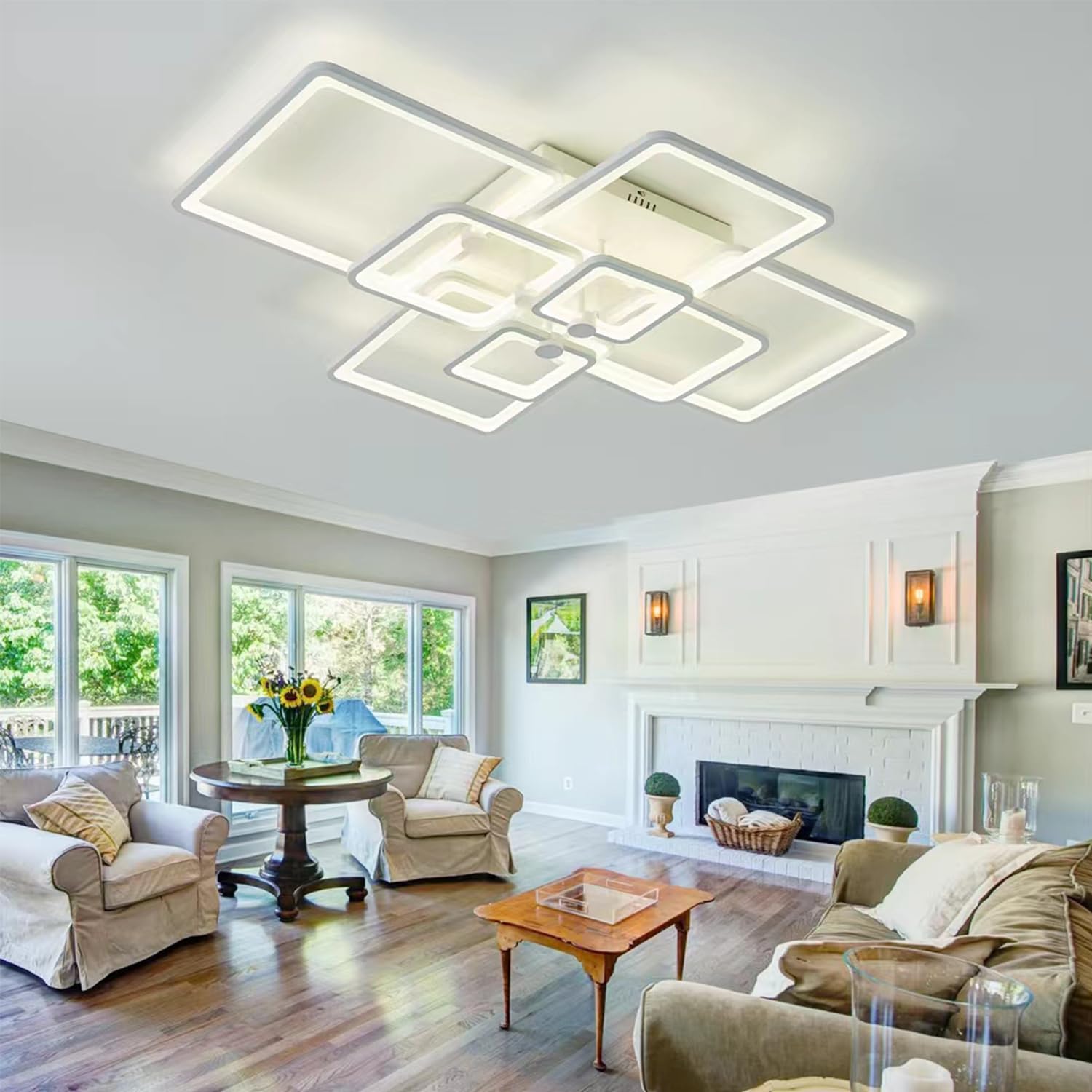 Modern Led Ceiling Light,41.7In White Modern Led Ceiling Light Dimmable For Living Room,8 Square Frame Acrylic With Remote Ceili
