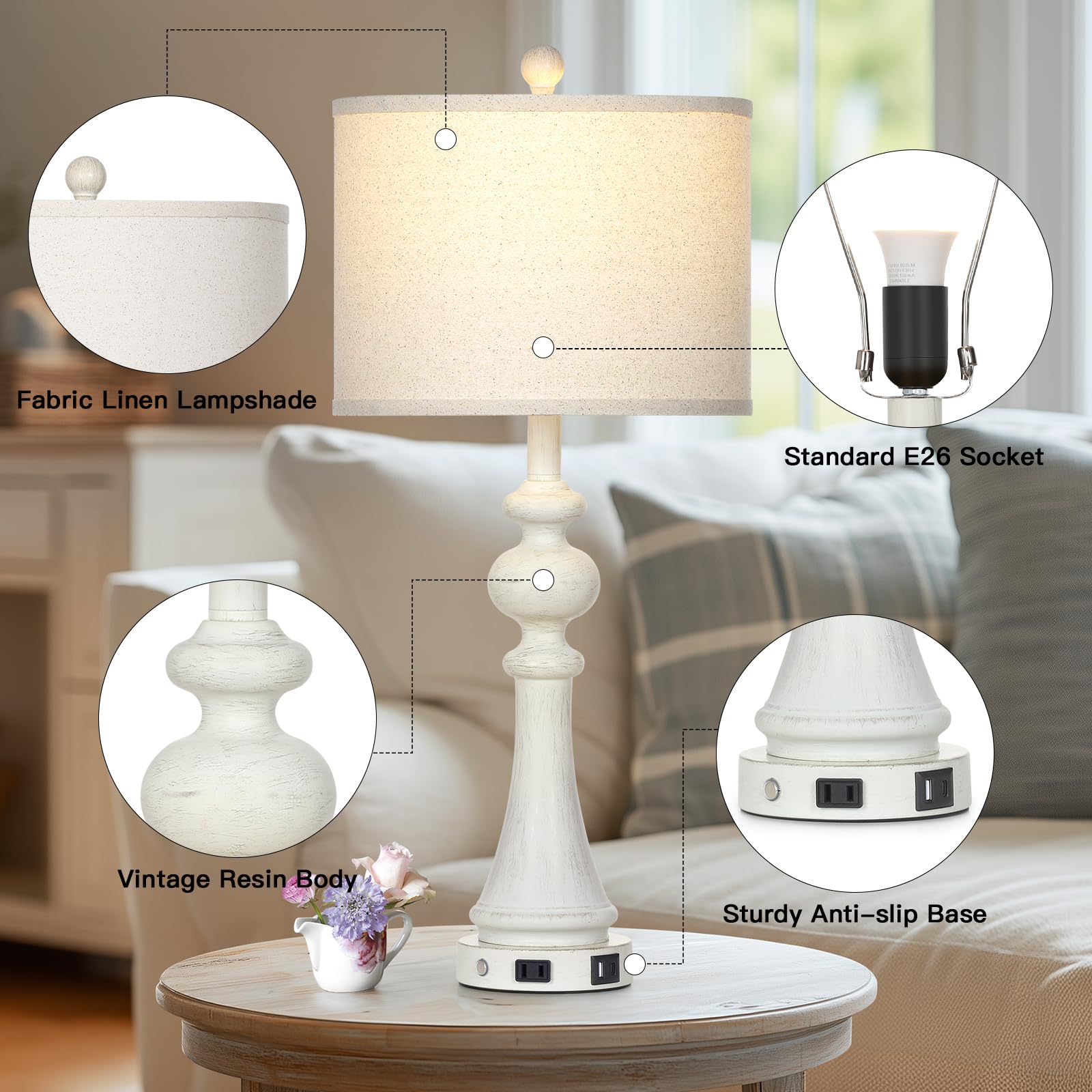 28'' Farmhouse Table Lamp With Usb A+C Fast Ports & Ac Outlets, Vintage Rustic 3-Way Dimmable Touch Control Table Lamp, Rustic T