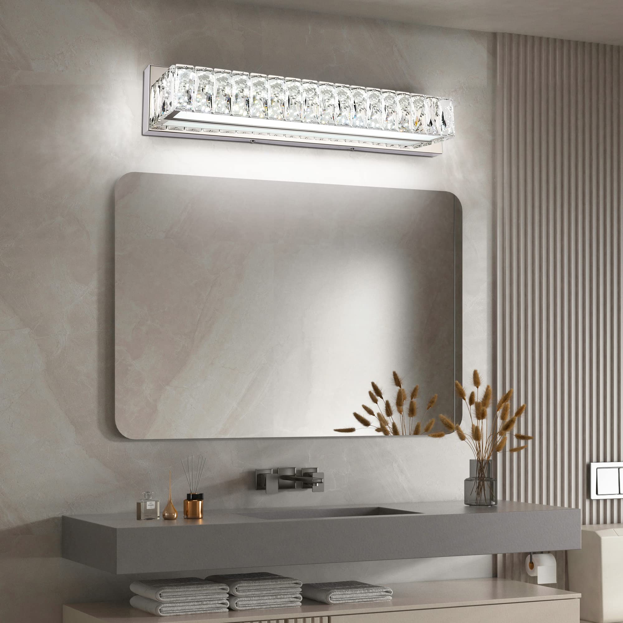 ZUZITO 30" LED Bathroom Vanity Lighting Fixture, Dimmable Polished Chrome & K9 Crystals, Modern Over Mirror Bath Bar Light