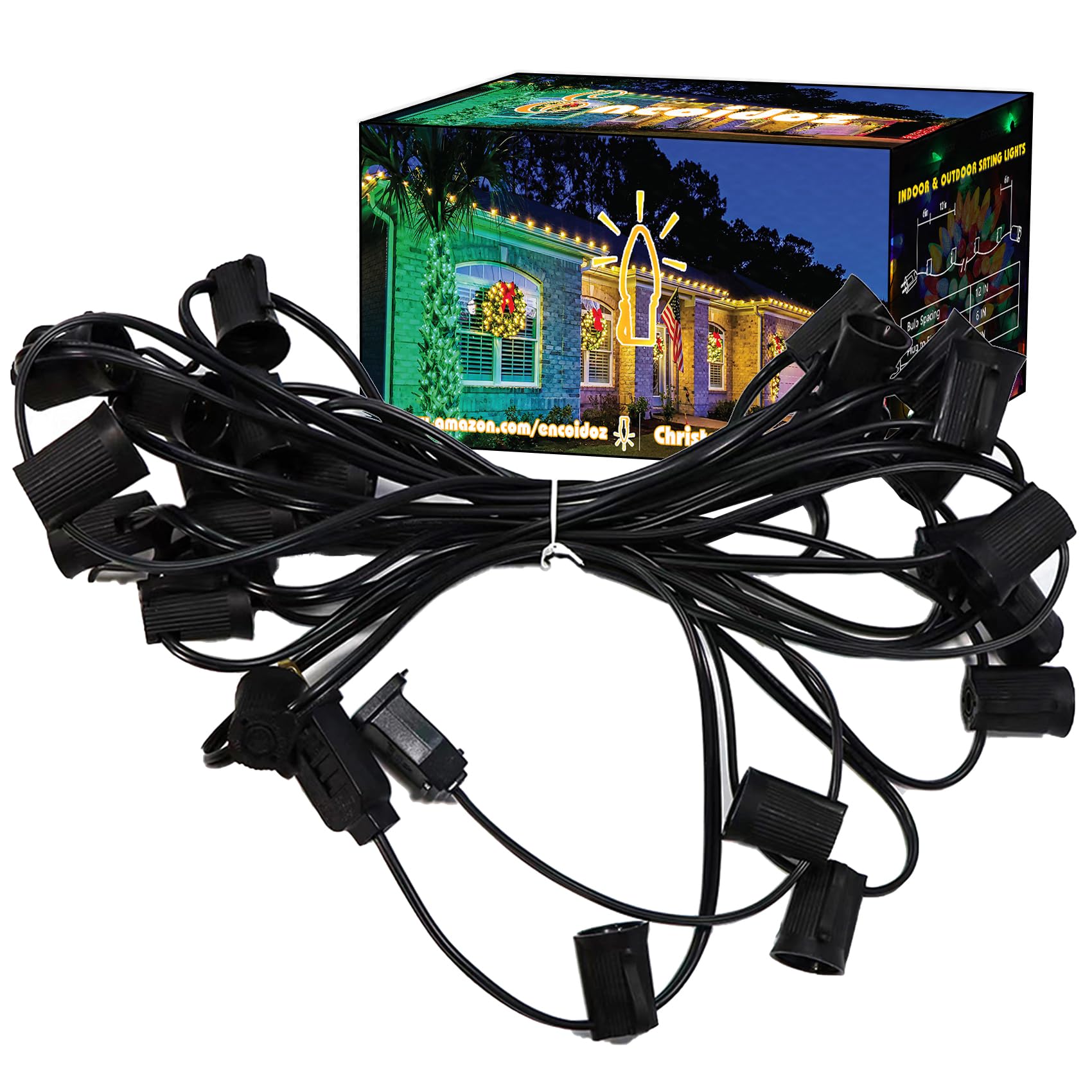 Encoidoz 25FT C9 Light String Christmas Stringer  E17 Light Sockets 12 Spacing  C9 Stringer Set Black Outdoor String Lights Strand for Wedding Patio Event Lighting Decor  Black Wire