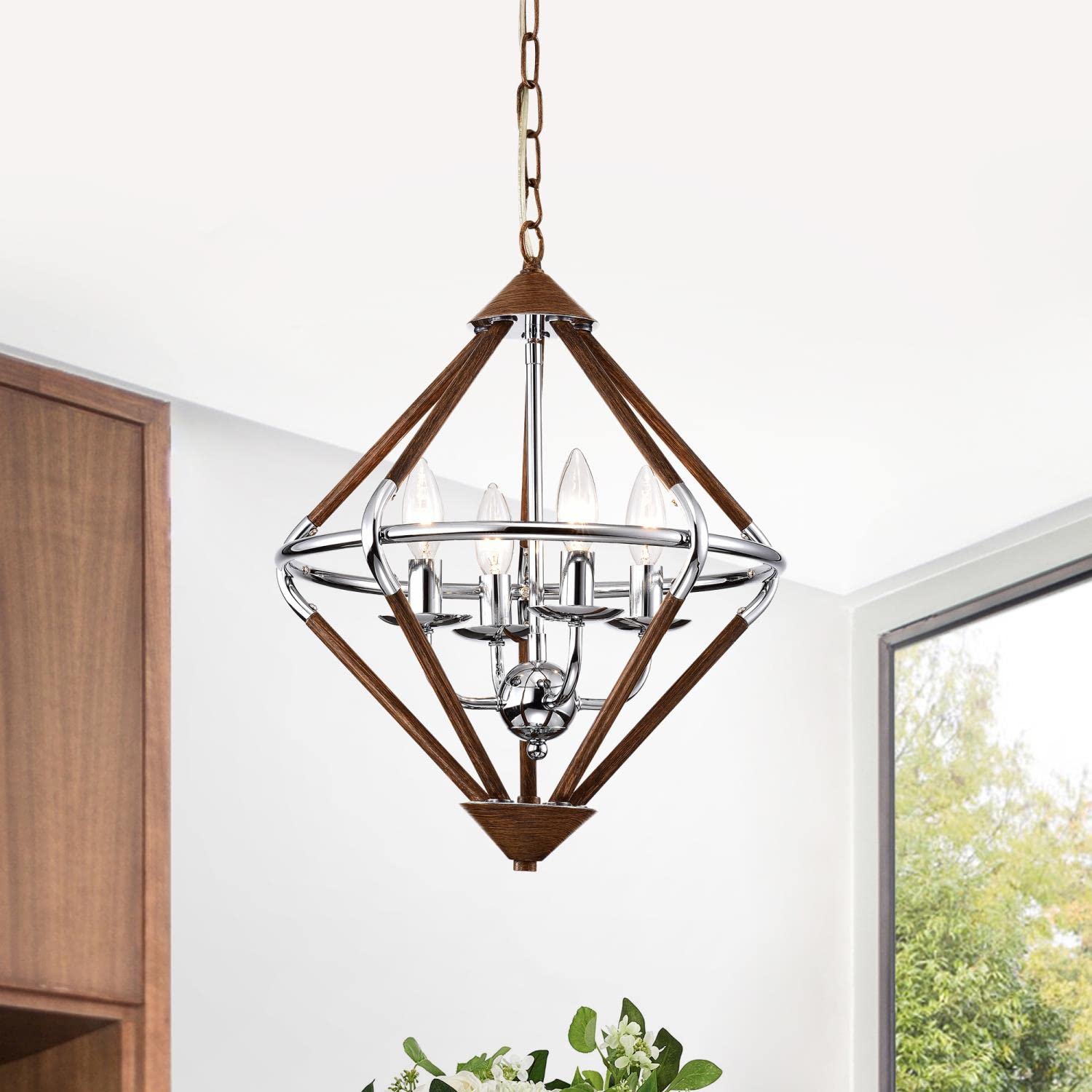 Warehouse Of Tiffany Imp76A/4Iwg Ilija Imitation Wood Grain/Chrome 4-Light Chandelier, 15.75&quot; L X 15.75&quot; W X 57.48&quot; H