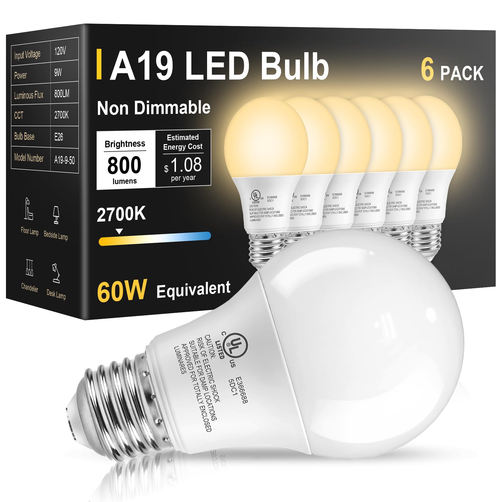 TJOY 6 Pack LED Light Bulbs 60 Watt Equivalent  Warm Soft White 2700K A19  Efficient 9W  E26 Standard Base  800 LM Energy Saving Lightbulbs for Home Bedroom Living Room Office  Non-Dimmable  UL Listed