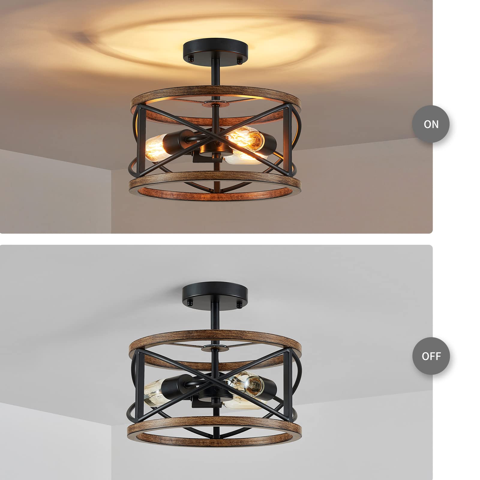 WUZUPS 3-Light Chandelier Vintage Farmhouse Semi-Flushmount Ceiling Light, 9.4"H x 12"W, Black & Wood Imitation, Model USHD90025-B