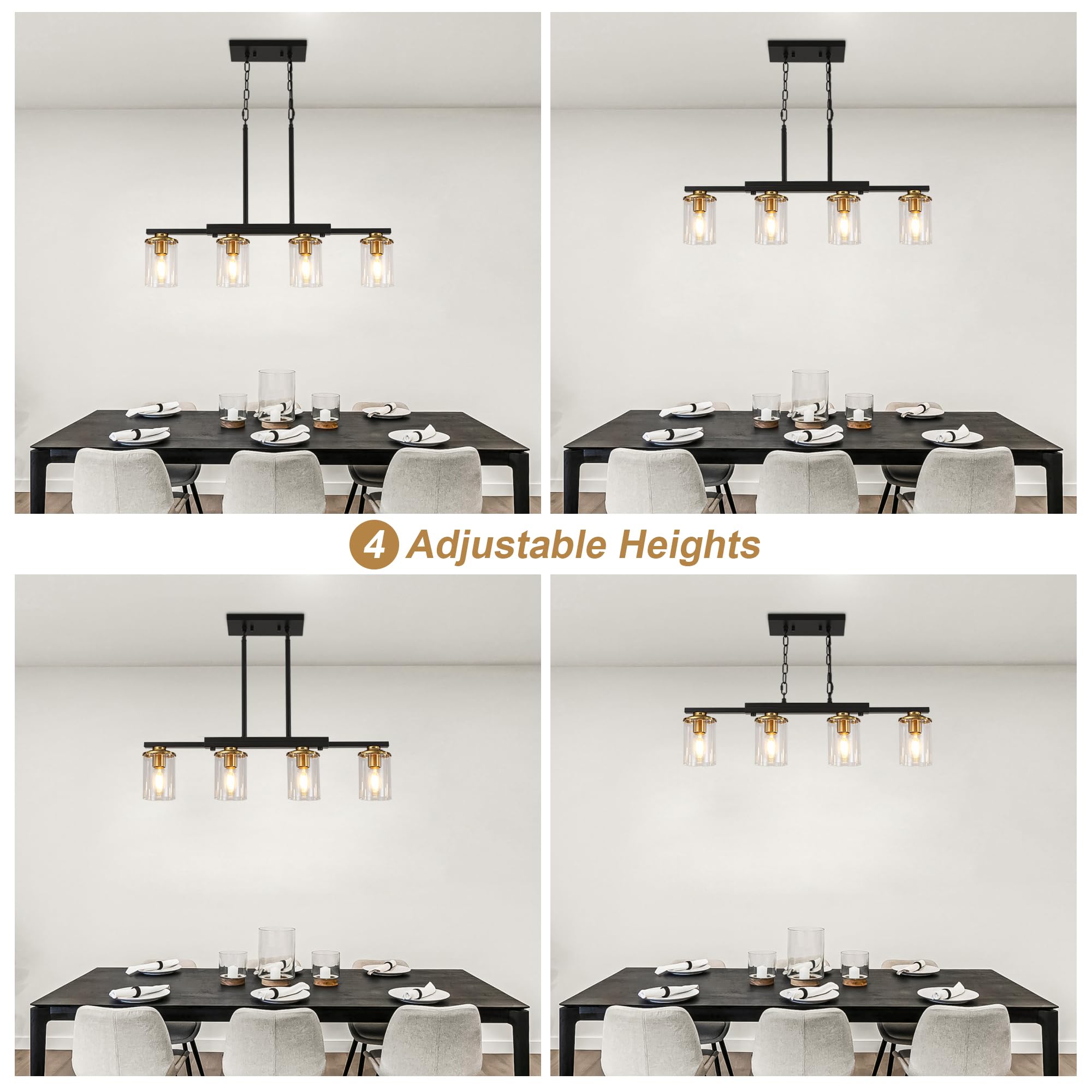 XvmBvm 4-Light Kitchen Island Chandelier, Modern Rustic Black & Gold with Clear Glass Shade, Model X3002-4