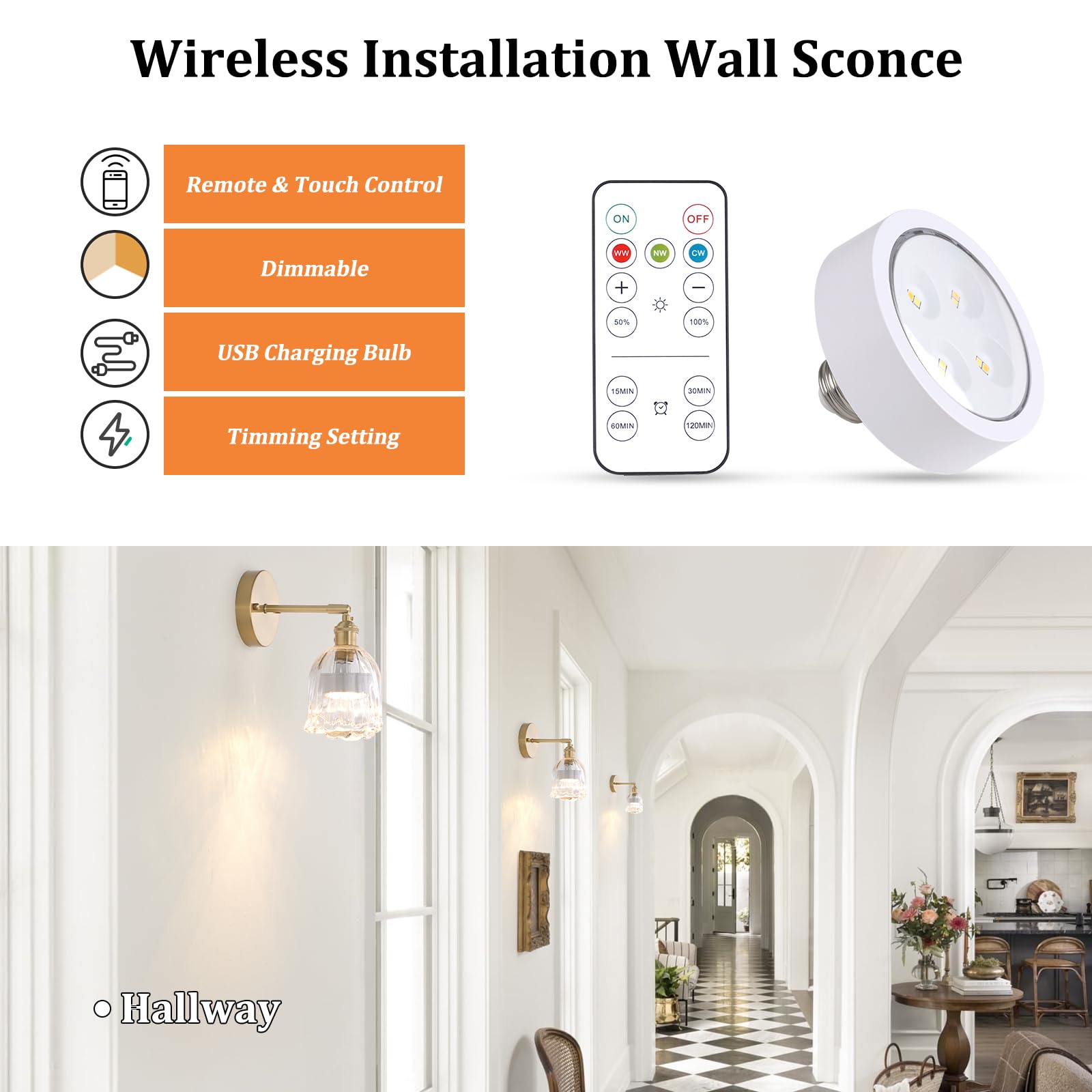 Shenmoyl Vintage Battery Operated Wall Sconce, Rechargeable LED Light, Wireless, Dimmable, Glass, Transparent Lily, Model 1-94910-sconc