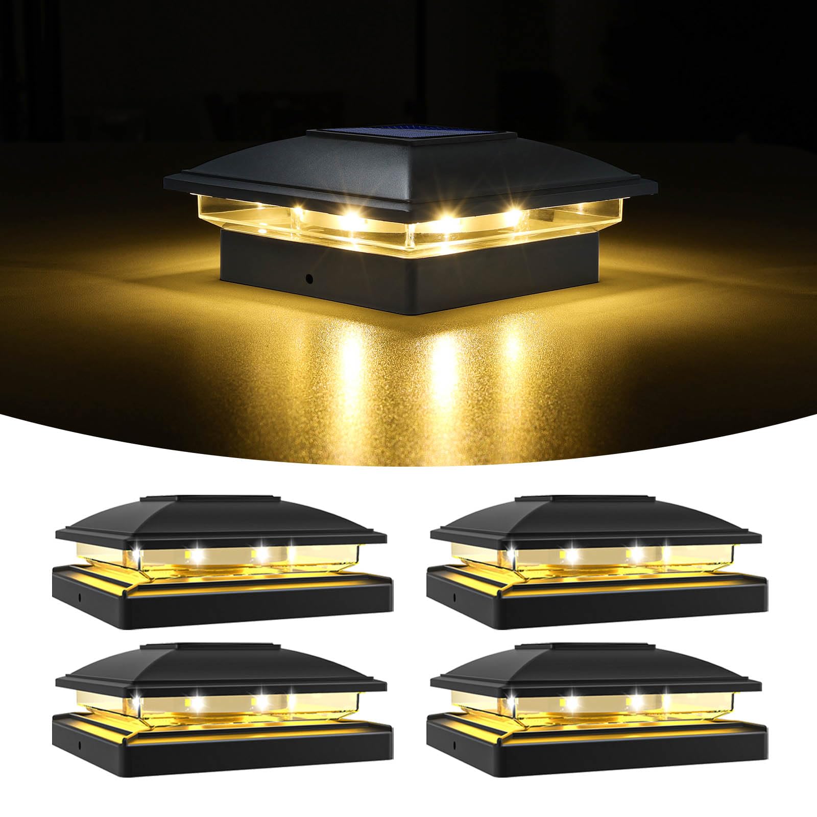 VOLISUN Solar Post Cap Light Outdoor Waterproof 4pack,Solar Fence - Post Lights for 4x4 5x5 6x6 Wooden/Vinyl Post,Black Deck Pos