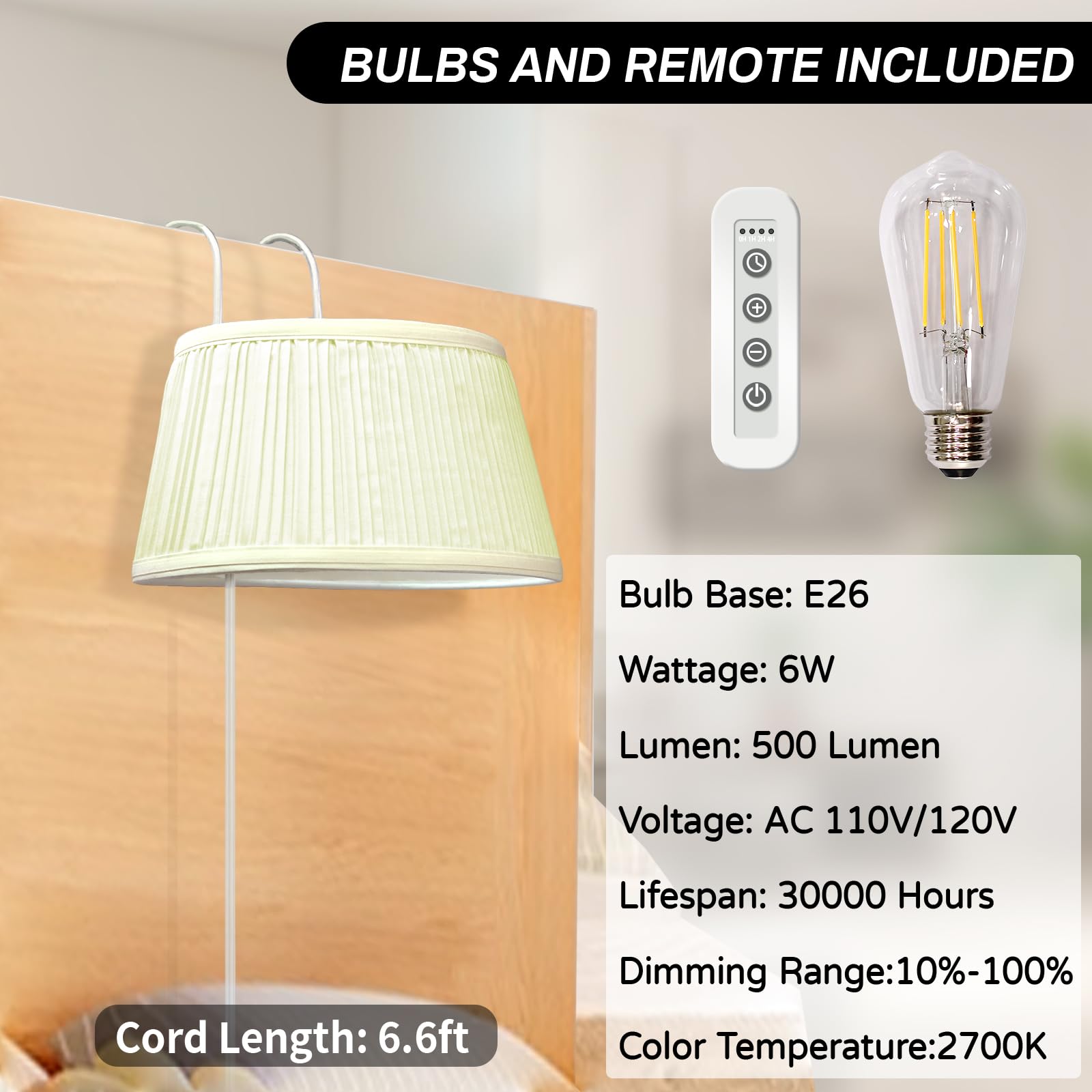 Nitowolf Bed Reading Light, Headboard Light Reading Lights For Books In Bed With Adjustable Hook, Eye Caring Soft Fabric Shade Bedtime Reading Lamp Plug In