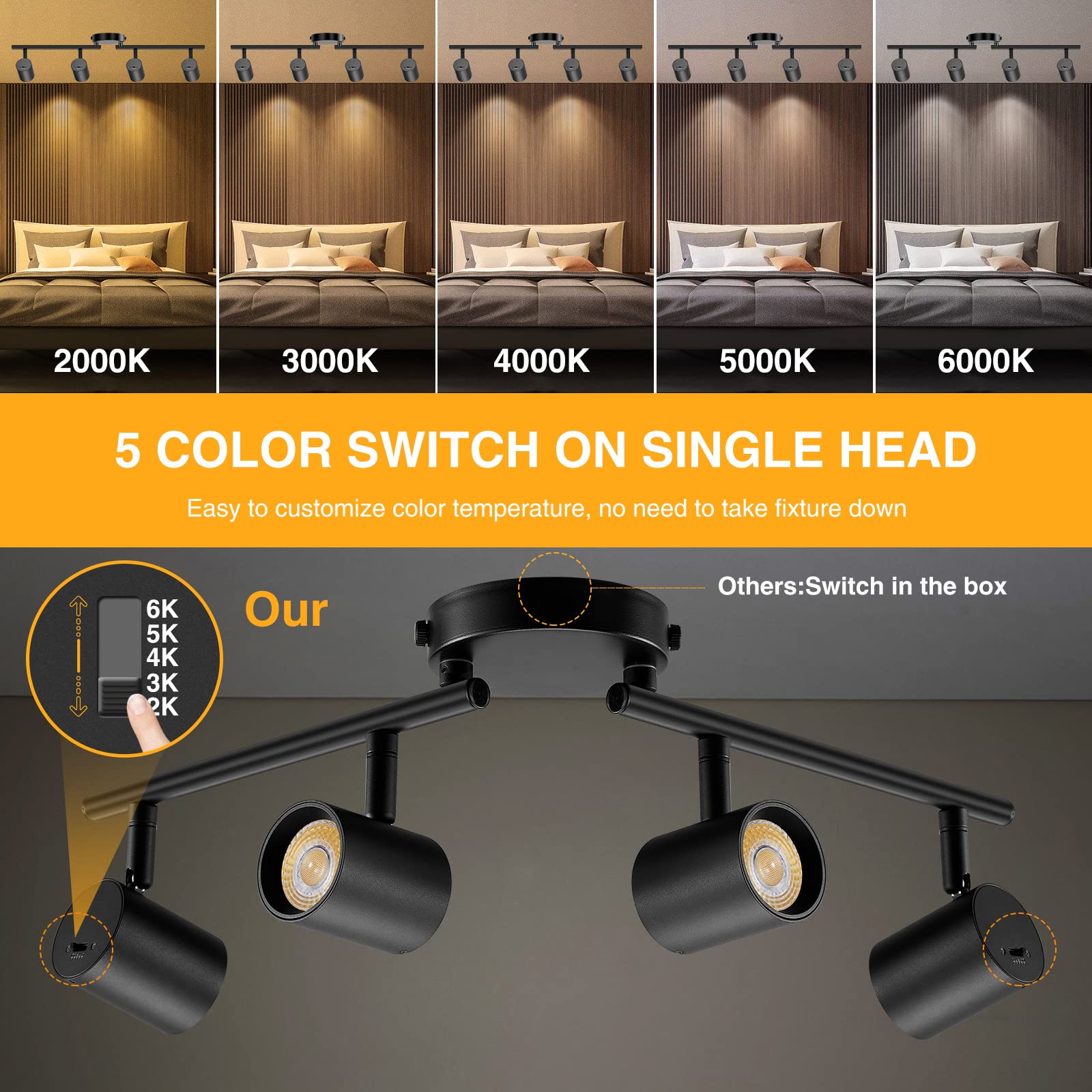 Vanoopee 5-Color 4 Light Black Led Track Lighting Fixtures Ceiling For Kitchen, Dimmable Track Lighting Kit, Ceiling Spotlight F