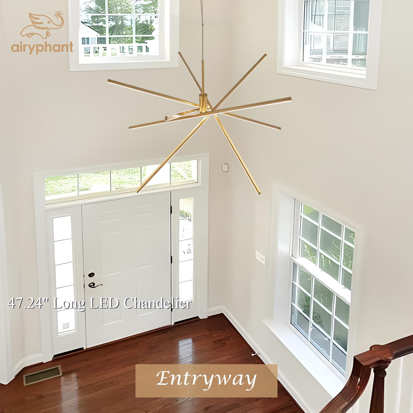 AIRYPHANT Gold Chandelier - 47" Modern Remote Control Light Fixture for High Ceilings, 5 Lights, Metal Design, Perfect for Living Room or Foyer