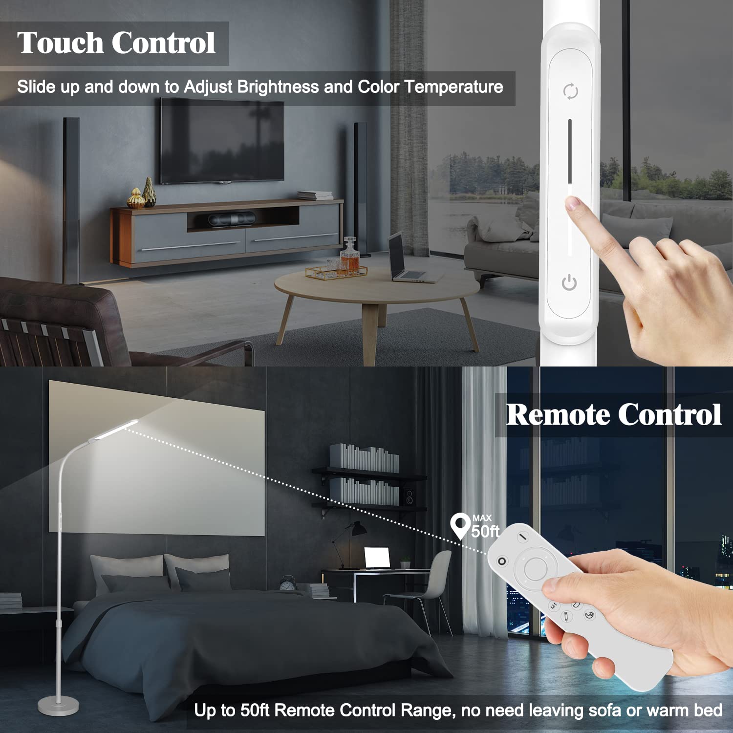 NXONE LED Floor Lamp - Modern Adjustable Reading Light, 74"H, Metal, White, 4 Colors & Stepless Brightness for Living Room & Bedroom