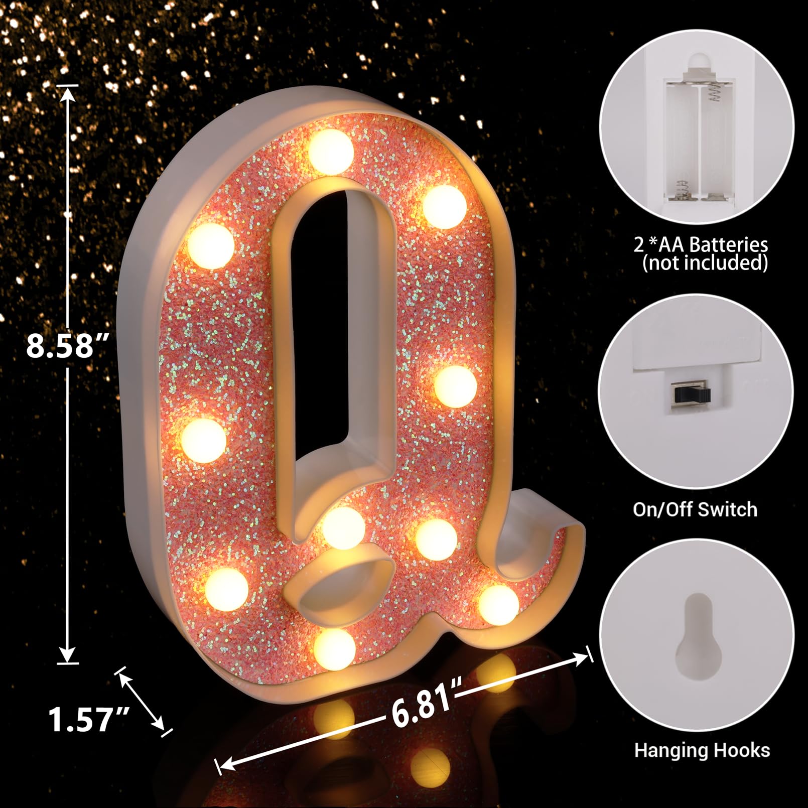 TRONSBOO LED Letter Lights Marquee Sign - Pink Glitter, Battery Powered, 6.81in x 8.58in, Plastic, Model 38fd4740-e2df-430