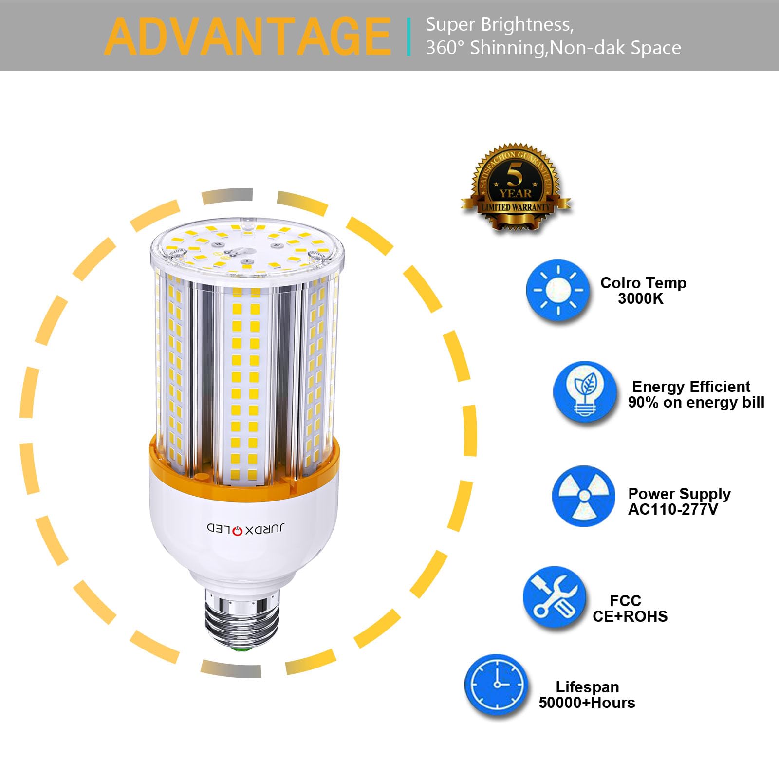 Jurdxled 2Pack Led Corn Bulb 5000 Lumen 3000K 30W Large Area Yellow Light E26 Base For Outdoor Indoor Garage Warehouse Factory W