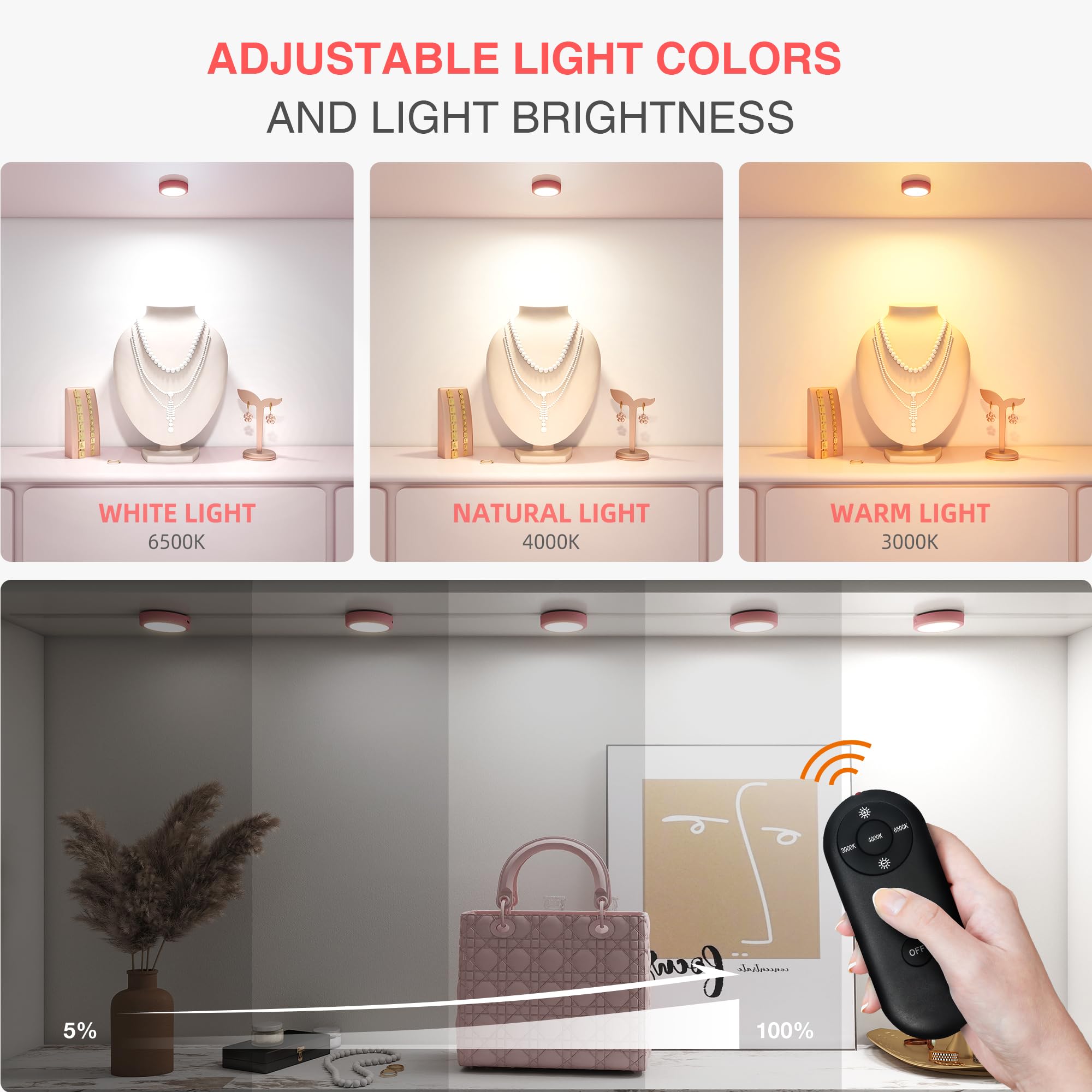 MICLIONLED Rechargeable Puck Lights, LED Under Cabinet Light, Wireless, 3 Color Temperatures, 2 Pack, Pink, Model M3-GB17