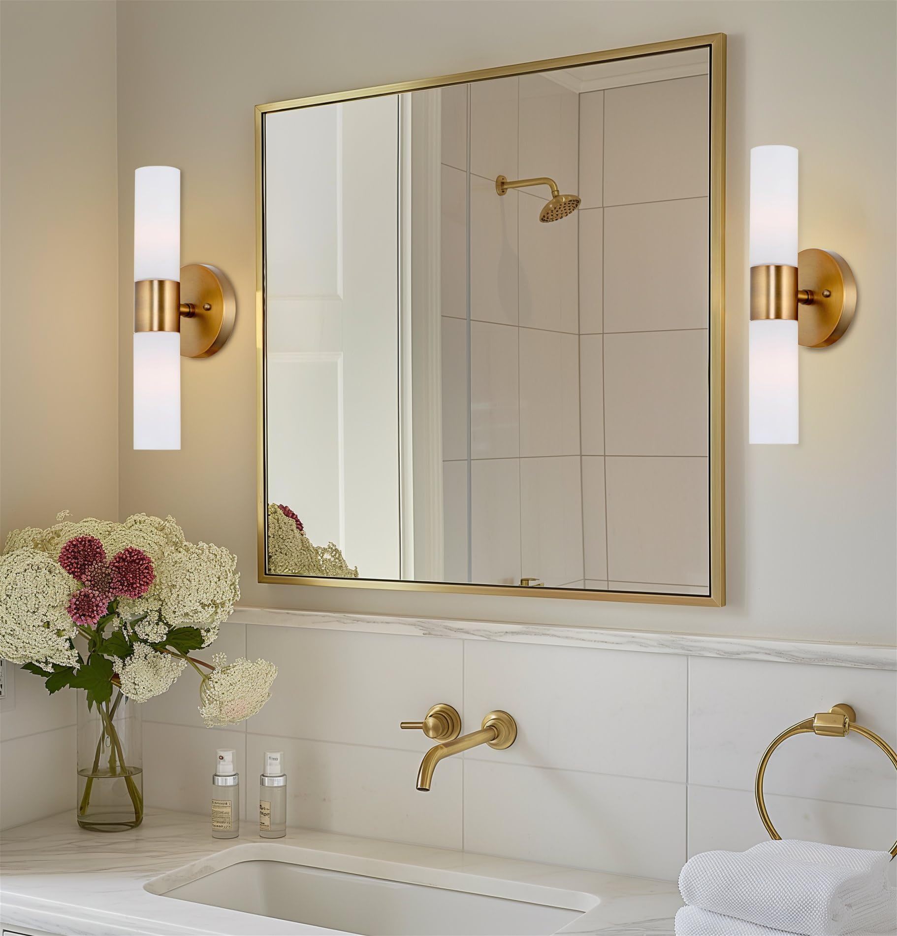 Kira Home Wall Sconce, 14in Modern Design, Frosted Glass Shades, Warm Brass Finish, Model RV-W131-14-WB